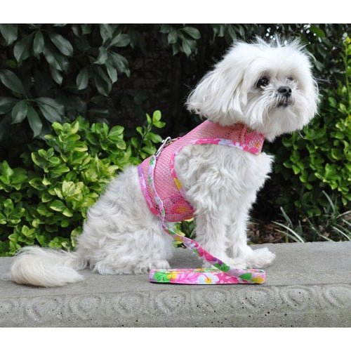 Breathable Mesh Dog Harness with Leash - Adjustable Pink Hawaiian Floral Pet Vest for Small Medium Dogs - Perfect for Walking, Hiking & Outdoor Adventures