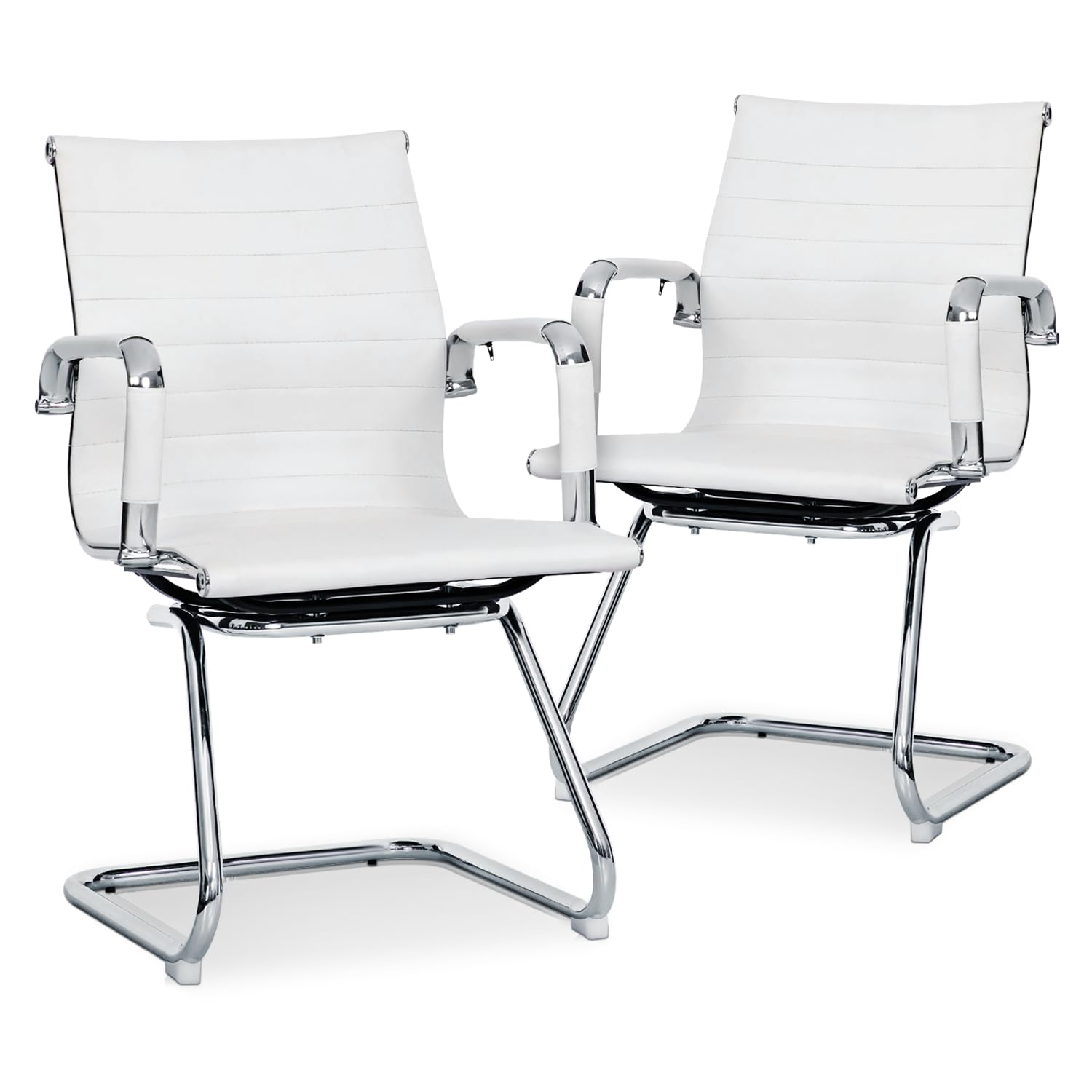 Magshion Office Reception Guest Chair - No Wheels, Mid Back PU Leather Waiting Room Chair with Metal Leg Sled Base & Arms - Conference Room, Lobby, Clinic, Hotel (White, 2 Pack)