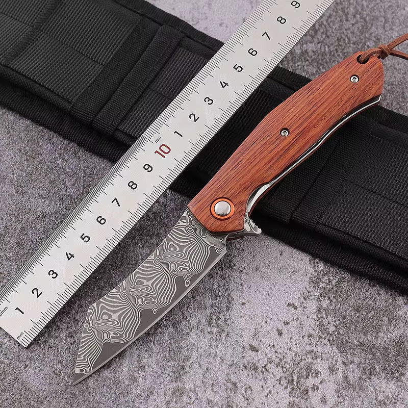 Premium Dominator Japanese VG10 Damascus Steel Folding Pocket Knife with Sandalwood Handle & Leather Sheath - Outdoor Camping, Hunting, Survival & EDC Gear