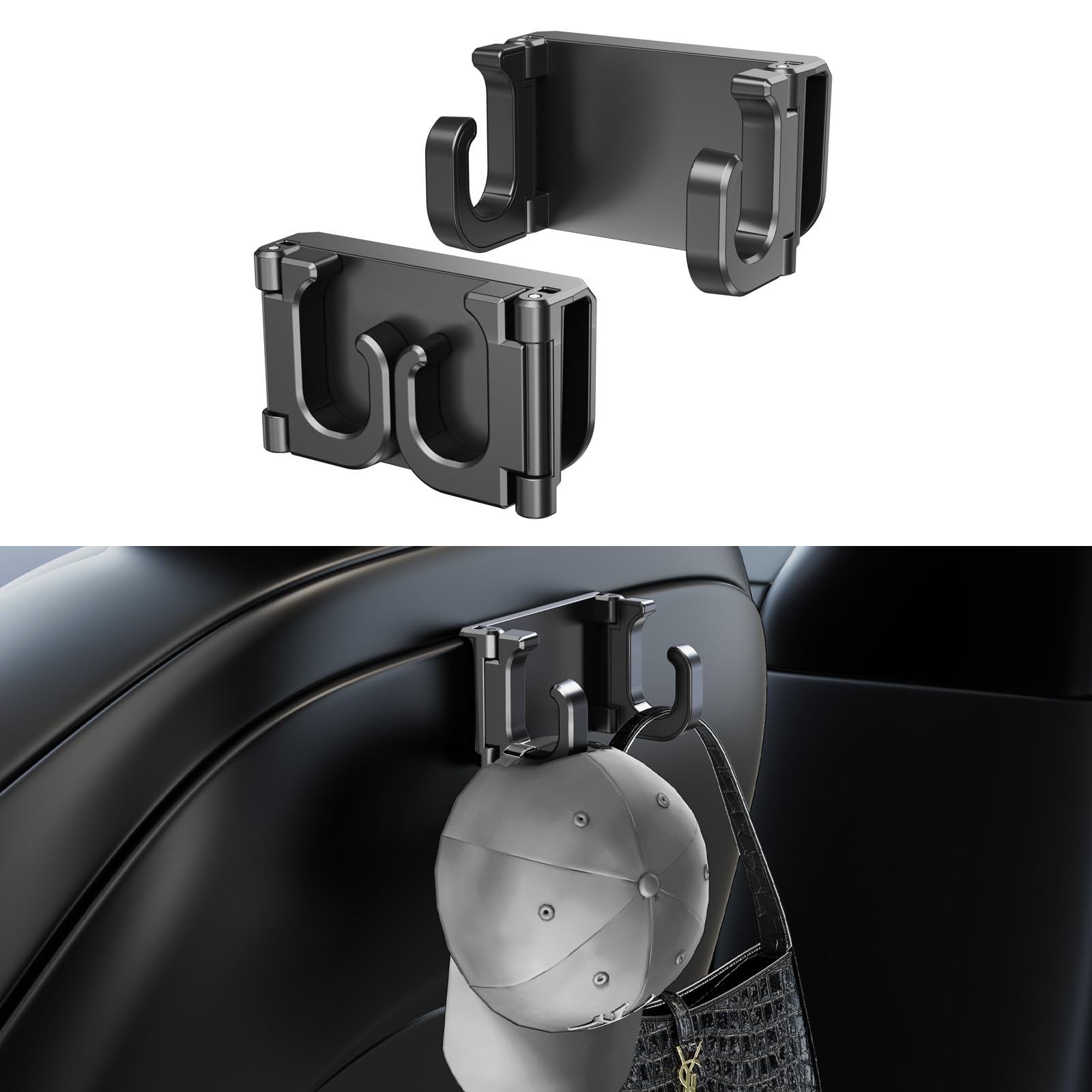 2-Pack Foldable Car Seat Headrest Hooks for Tesla Model Y & Model 3 (2021-2024) - Multi-Purpose Rear Seat Organizer for Purses, Coats & Shopping Bags - Durable 2-in-1 Automotive Hanger Accessories - Perfect for Road Trips & Daily Commutes