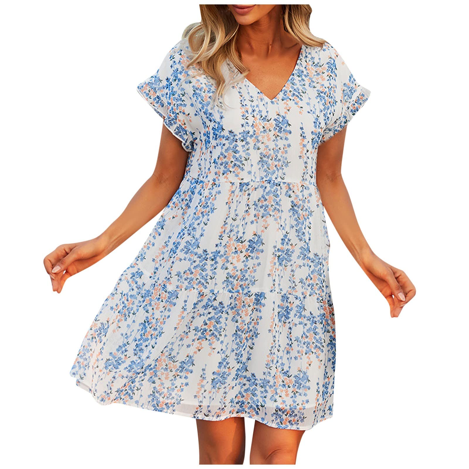 Women's Floral Print V-Neck Midi Boho Dress with Ruffle Hem - Swing Style Summer Dress for Casual Wear, Halloween Party & Beach Vacation
