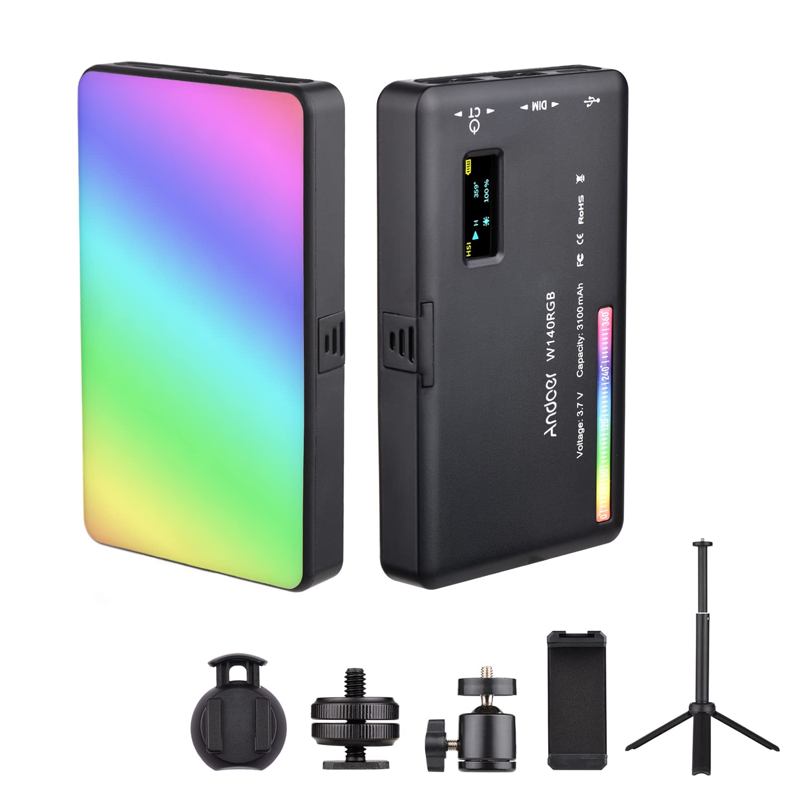 Andoer W140 RGB LED Video Light Kit - 2500K-9000K Dimmable CRI95+ Lighting with 20 Effects, Desktop Tripod & Phone Holder for Video Conference, YouTube Streaming, TikTok Videos & Photography
