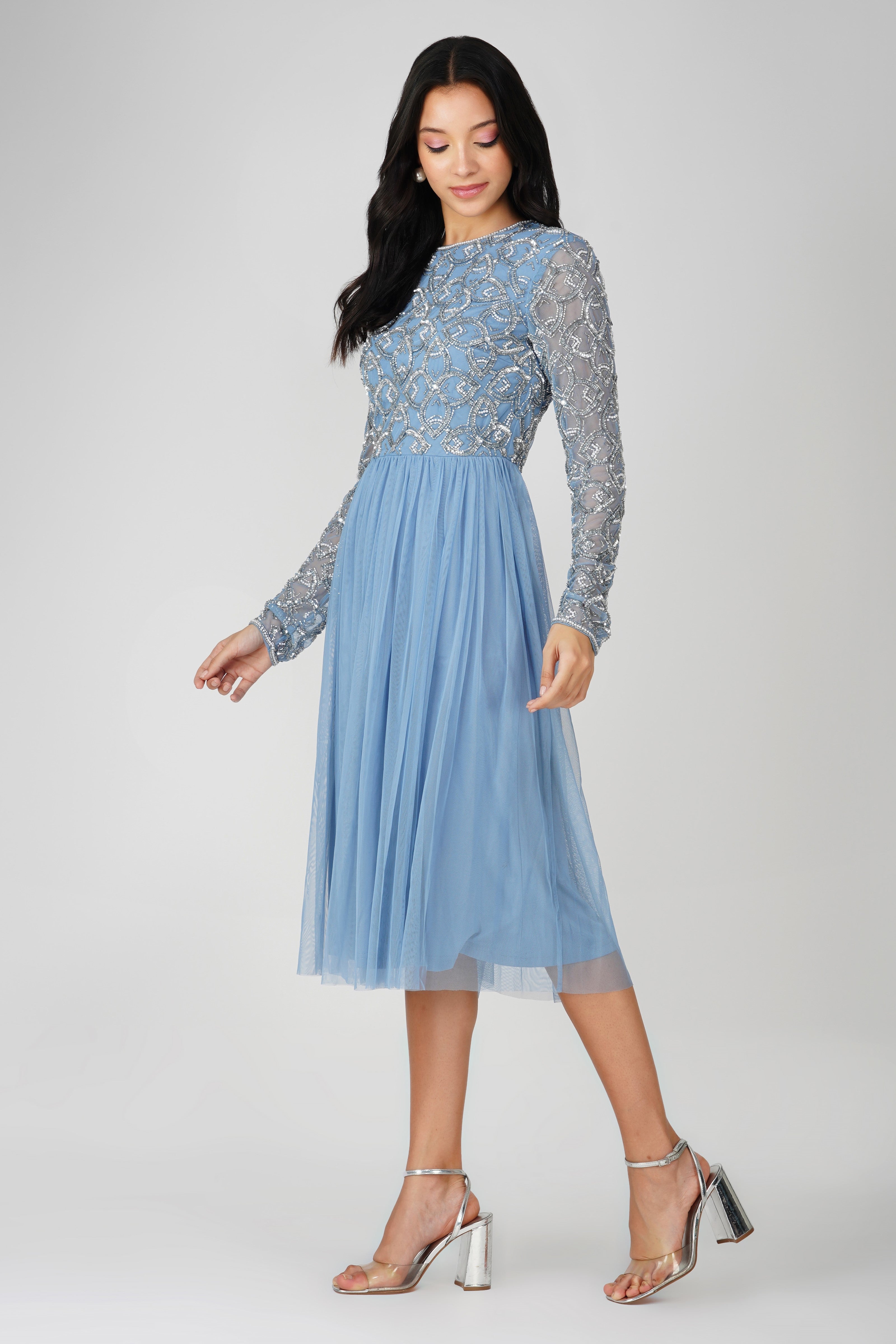 Powder Blue Mandarin Embellished Midi Dress for Women - Elegant Floral Print Party & Wedding Guest Dress