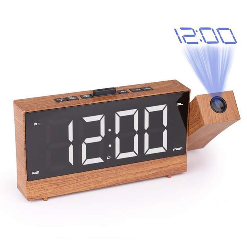 SETSCZY Wooden LED Projection Alarm Clock with FM Radio & Snooze Function - Digital Clock with Time Projection for Bedroom, Office, and Home Decor