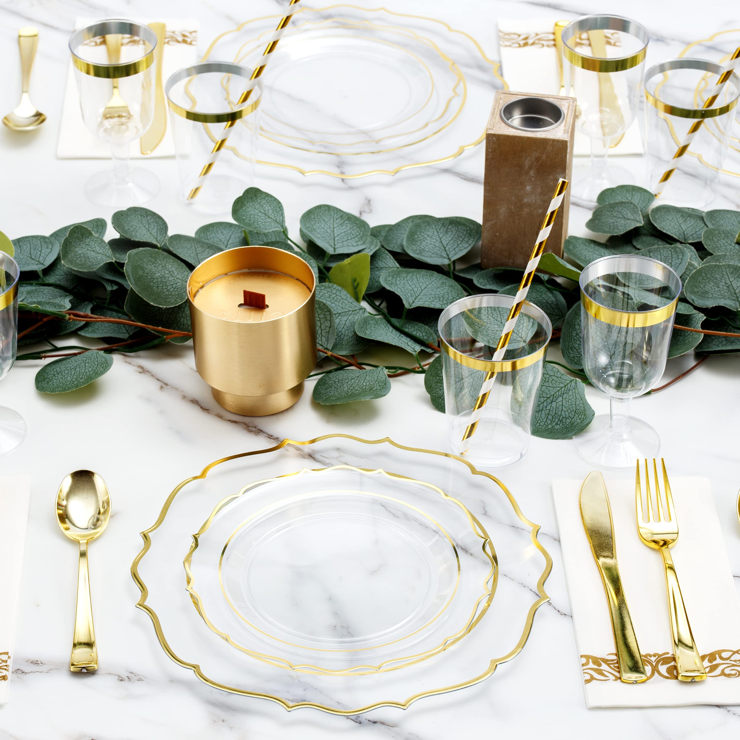 200-Piece Baroque Gold Rimmed Disposable Dinnerware Set - Heavy Duty Plastic Plates, Cutlery & Napkins for 25 Guests | Elegant Wedding, Party & Event Tableware | Includes Dinner Plates, Dessert Plates, Spoons, Forks, Knives & Cups
