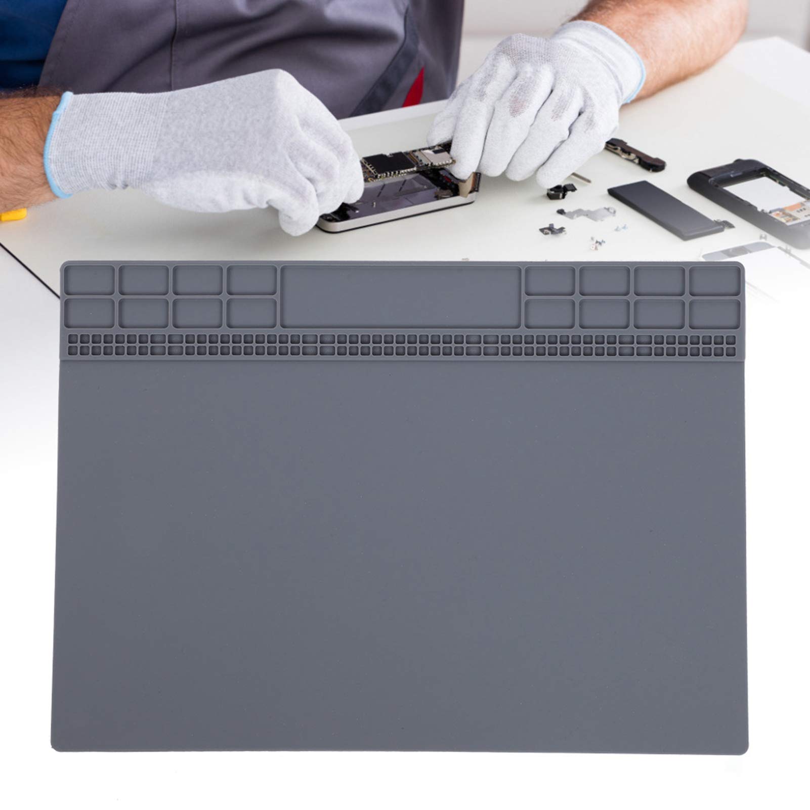 Premium Silicone Repair Mat - Heat Resistant Soldering Station Mat with Screw Storage for Electronics Repair & Maintenance (Grey) - Ideal for Workbench, DIY Projects & Phone Repair Workspace