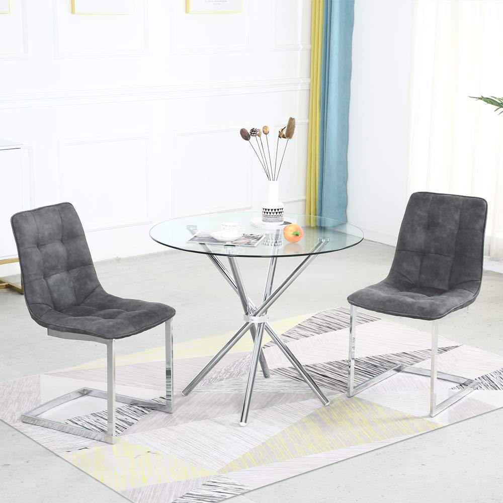 Modern Round Dining Table Set of 3 Pieces - Tempered Glass Top with 2 Grey Leather Cushion Chairs | Contemporary Kitchen & Dining Room Furniture for Small Spaces, Breakfast Nook, and Casual Entertaining