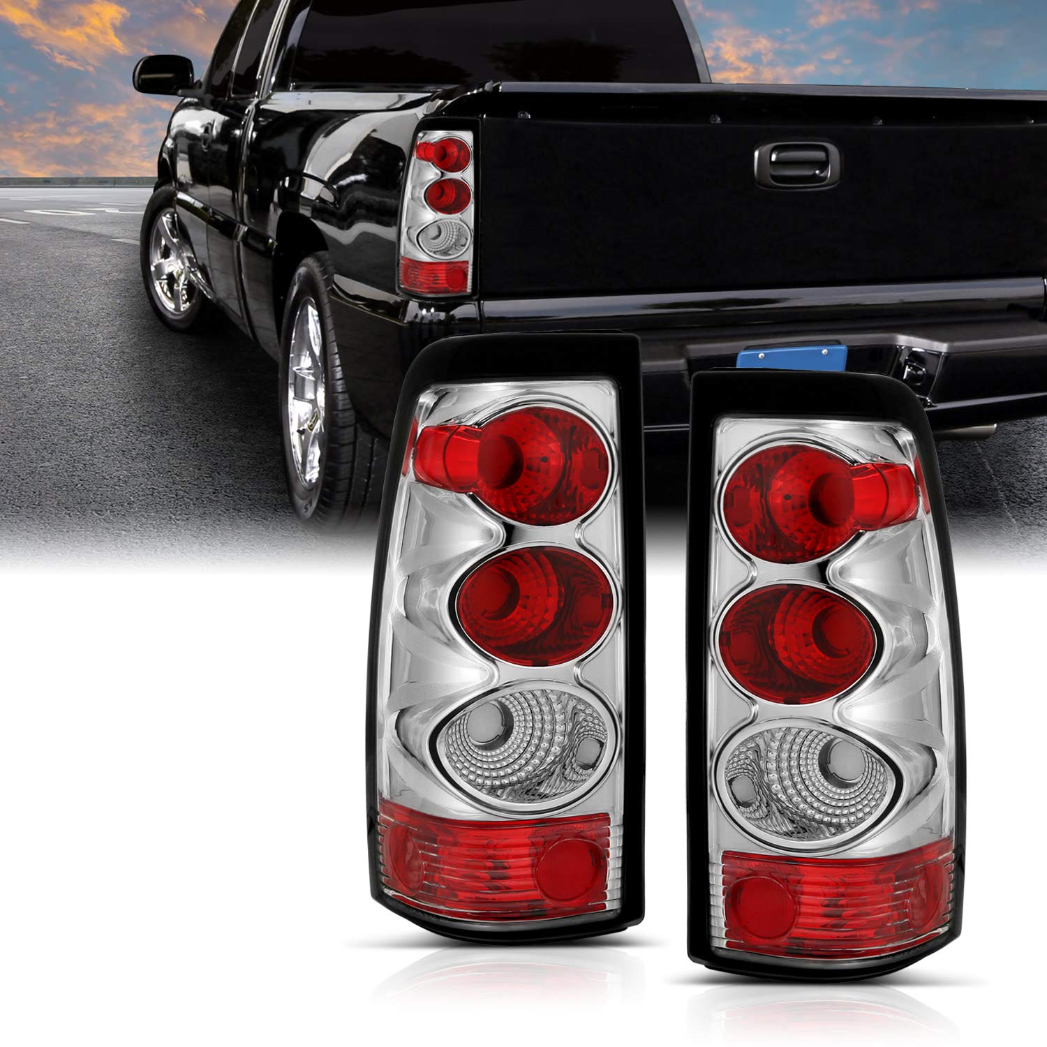 Chevy Silverado Truck Chrome Rear Brake Tail Lights Replacement Set - AmeriLite Passenger & Driver Side | Durable LED Lights for Night Driving & Enhanced Safety
