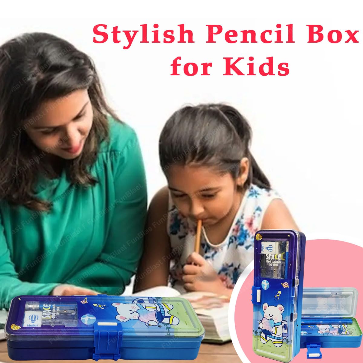 FunBlast Metal Pencil Box - Double Layer Geometry School Supply Organizer with Pencil, Eraser & Sharpener | Durable Stationery Case for Kids, Boys & Girls | Perfect for Classroom, Homework & Back to School Supplies (Space Design)
