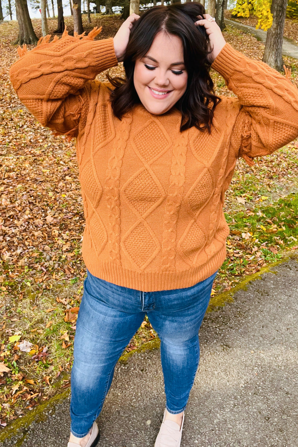 Joyful Days Rust Cable Knit Tassel Fringe Sweater for Women - Cozy Autumn Winter Pullover with Boho Chic Style | Perfect for Fall Outfits, Holiday Parties & Casual Wear