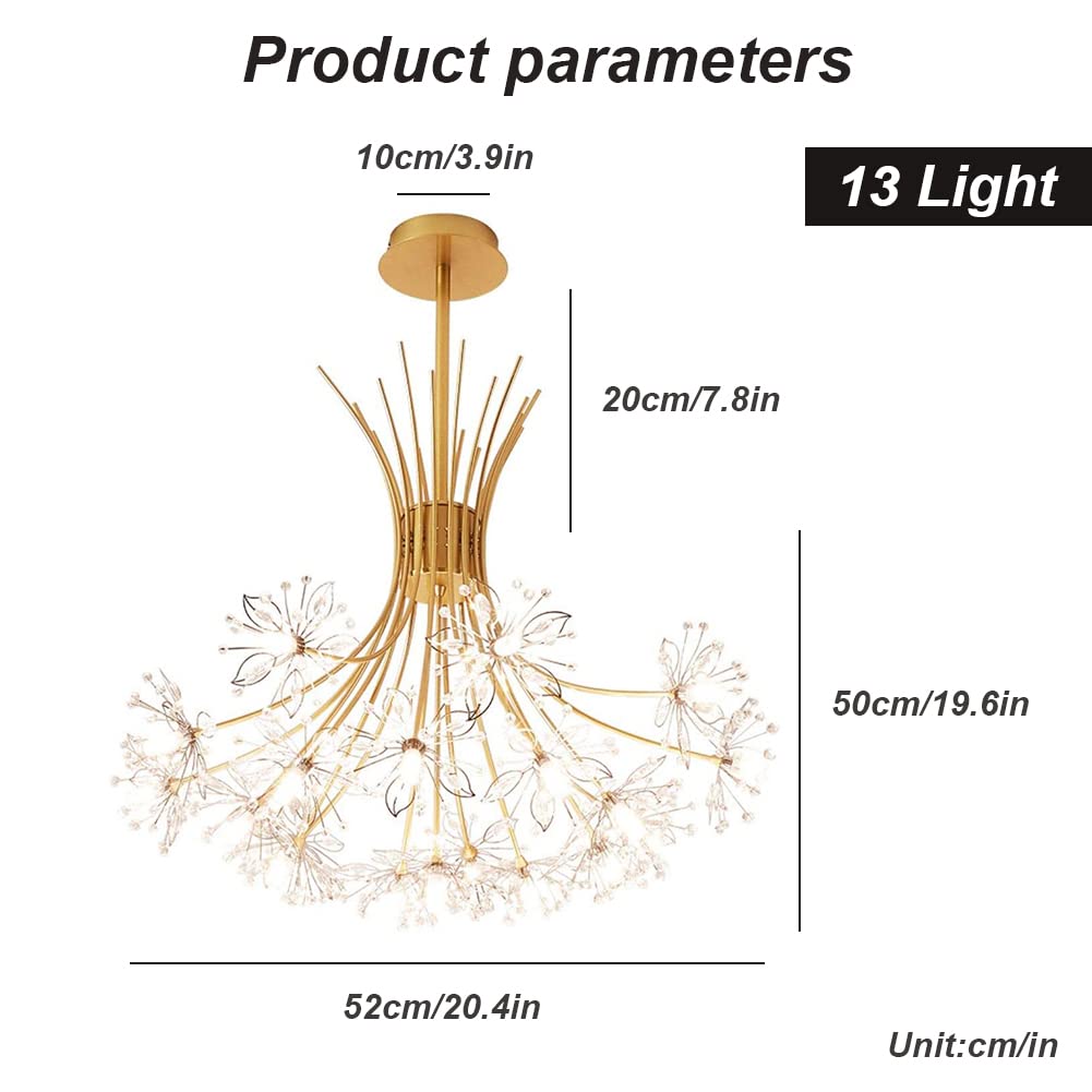 Modern Crystal Chandelier - Fireworks LED Pendant Light with Dandelion Flower Design - 13-Light Gold Ceiling Fixture for Living Room, Restaurant, Bedroom & Kitchen - Perfect for Dining Areas, Entryways and Home Decor