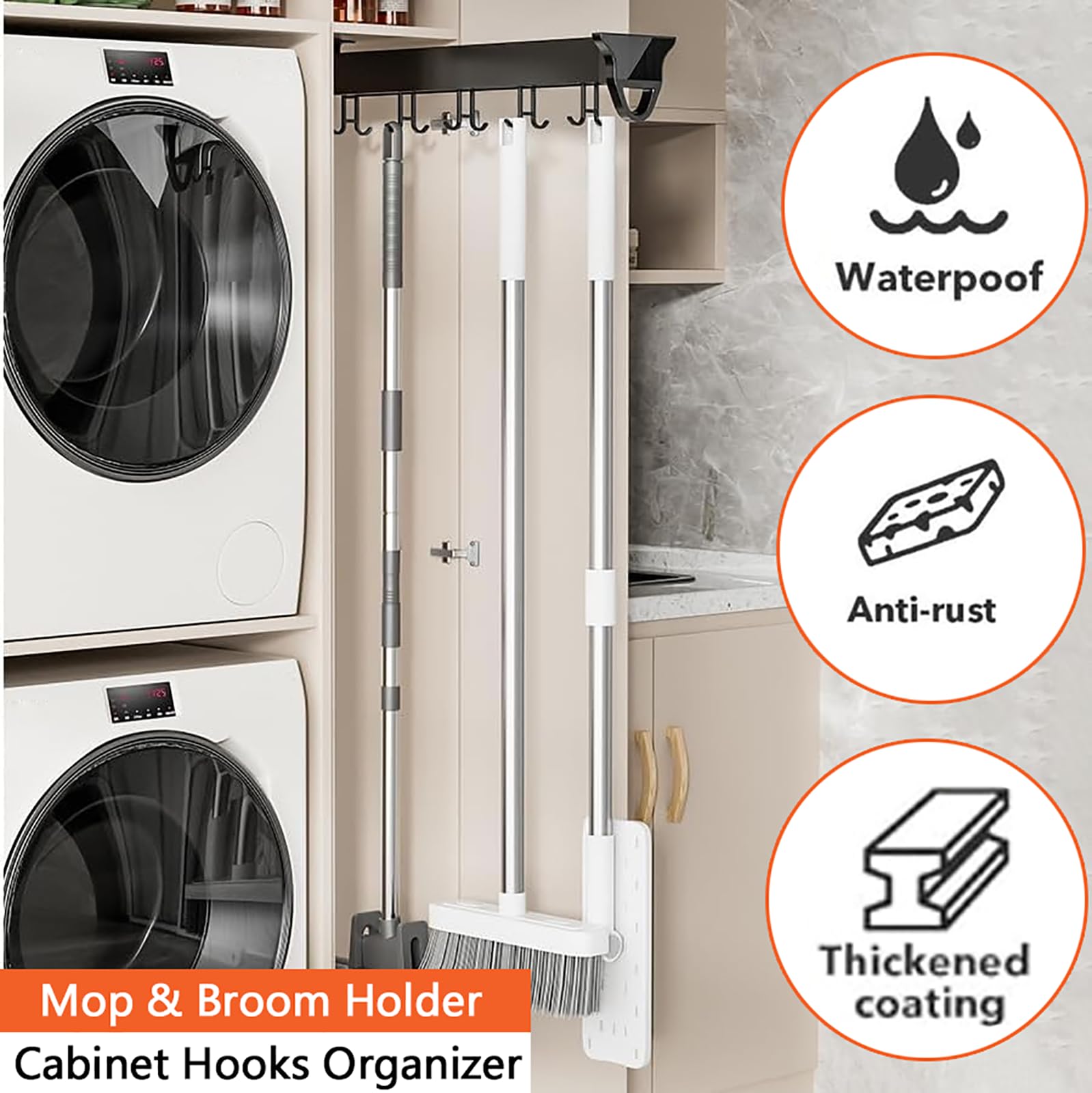 PCWLH Pull Out Mop and Broom Holder with 14 Hooks - Space Saving Laundry Room Organizer for Garage, Closet, Kitchen & Garden Tools Storage - Perfect for Home, Office and Utility Room Organization