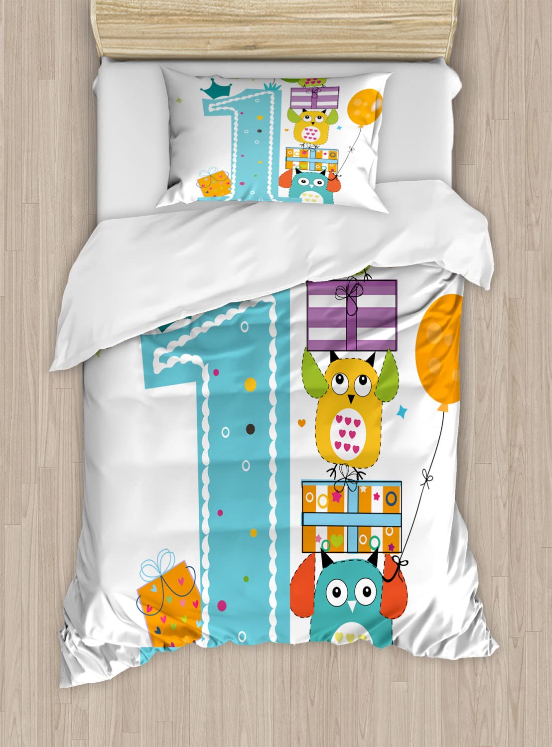 Ambesonne 1st Birthday Duvet Cover Set - Twin Size 2-Pack with 2 Duvet Covers & 2 Pillowcases - First Birthday Cake with Candle Owls Family Party Theme - Sky Blue & Orange - Perfect for Kids' Room Decor & Birthday Gift