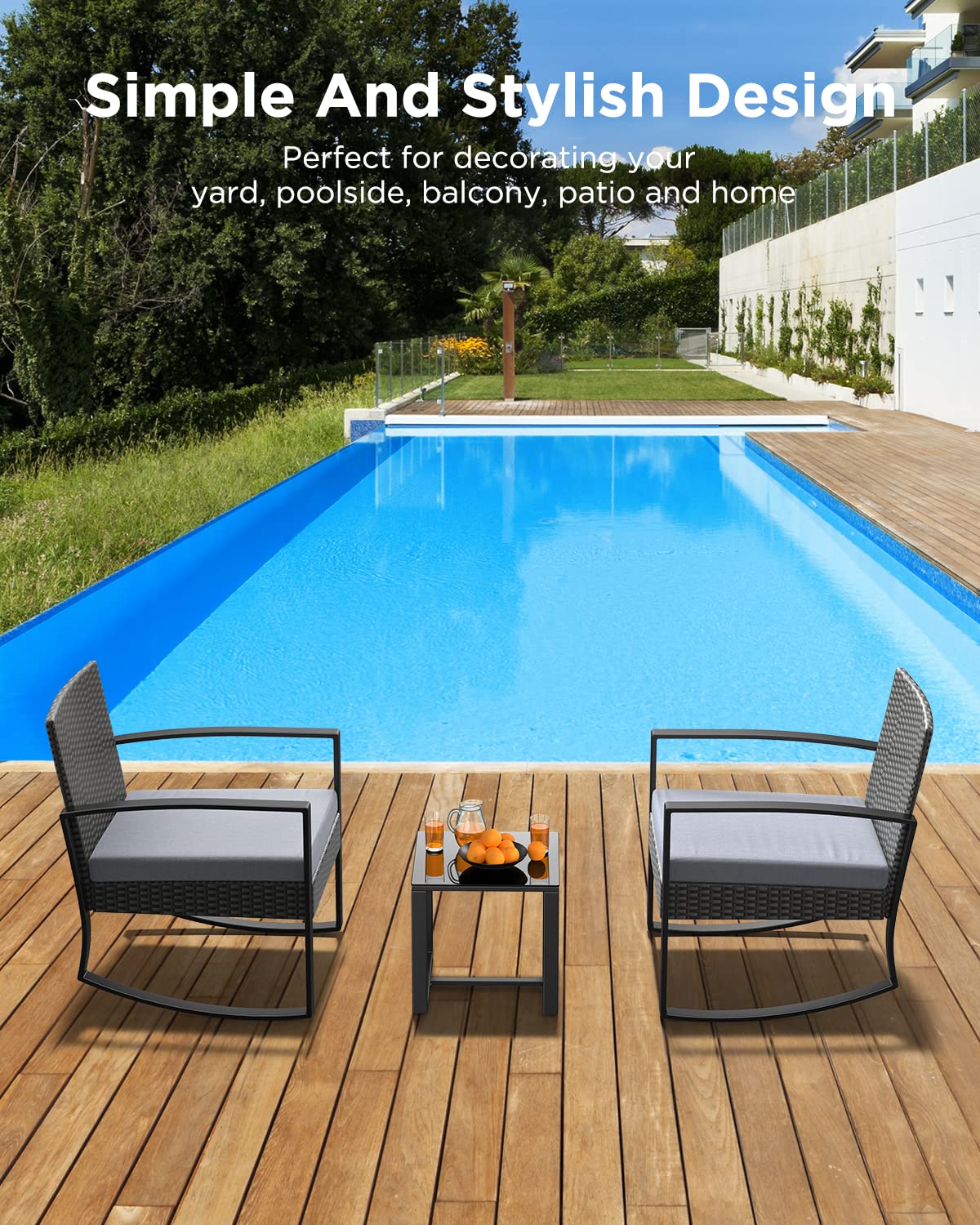 3-Piece Patio Furniture Set - Outdoor Rattan Rocking Bistro Set with Coffee Table for Garden, Balcony, Backyard & Poolside - Grey Cushion Included (Perfect for Relaxing, Entertaining & Outdoor Dining)