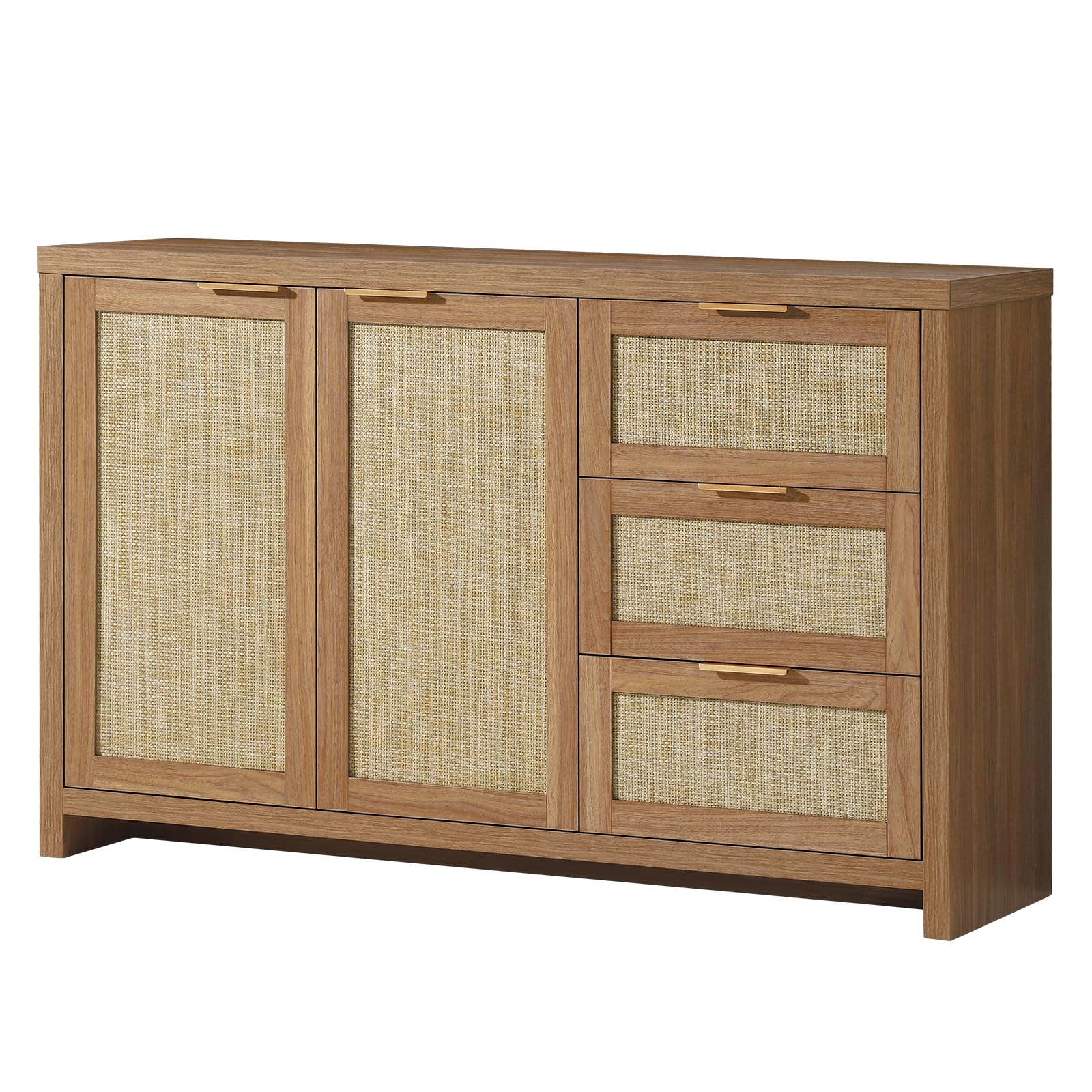 Rattan Sideboard Cabinet with 3 Drawers & 2 Doors - Kitchen Storage Organizer, Buffet Cabinet & Accent Console Table for Living Room, Hallway or Bar | Weathered Oak Finish | Perfect for Small Space Organization & Home Decor