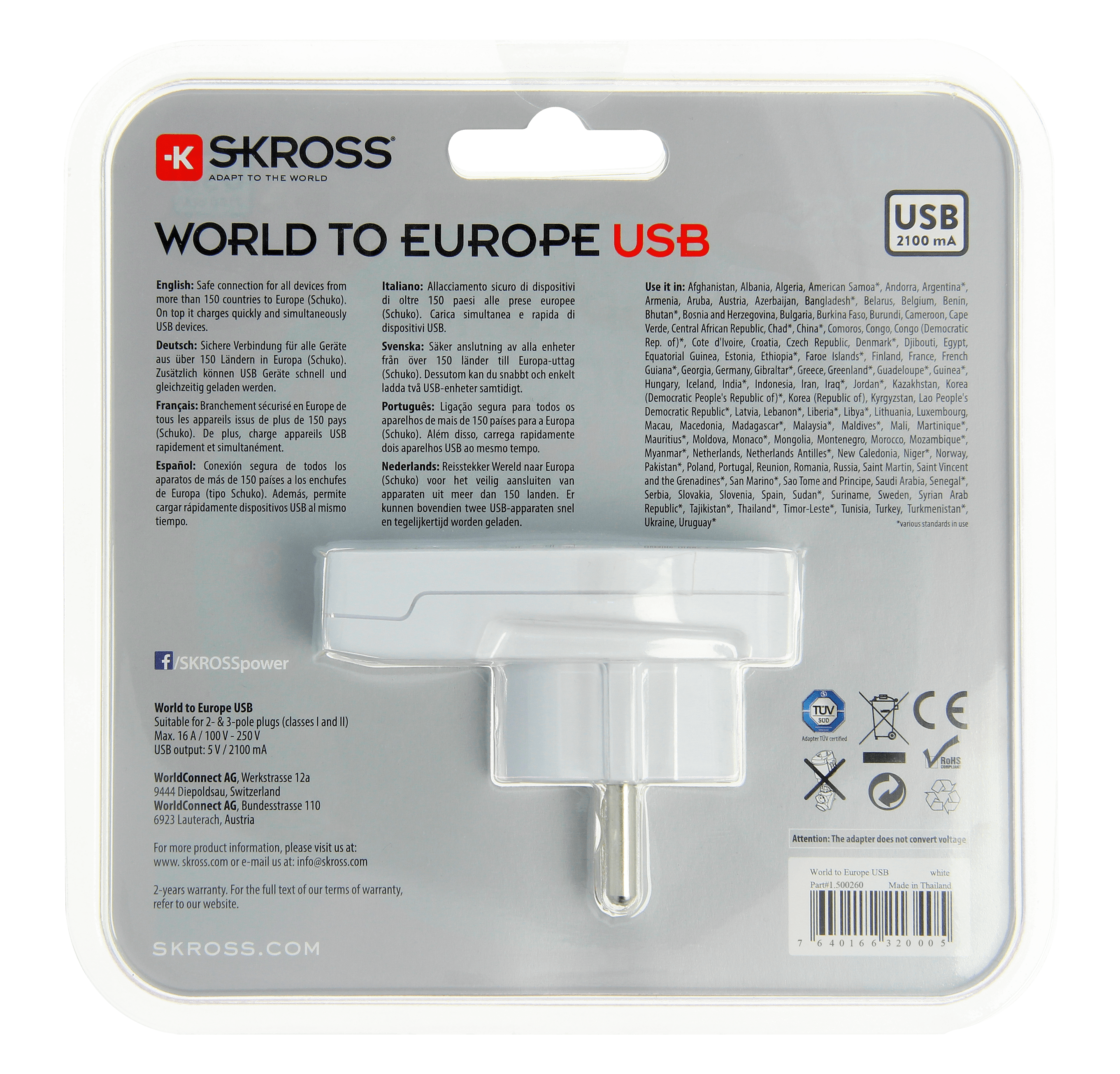 SKROSS World to Europe USB Travel Adapter - Universal Plug Converter for USA, UK, AU to EU - Perfect for Laptops, Phones & Cameras on European Vacations