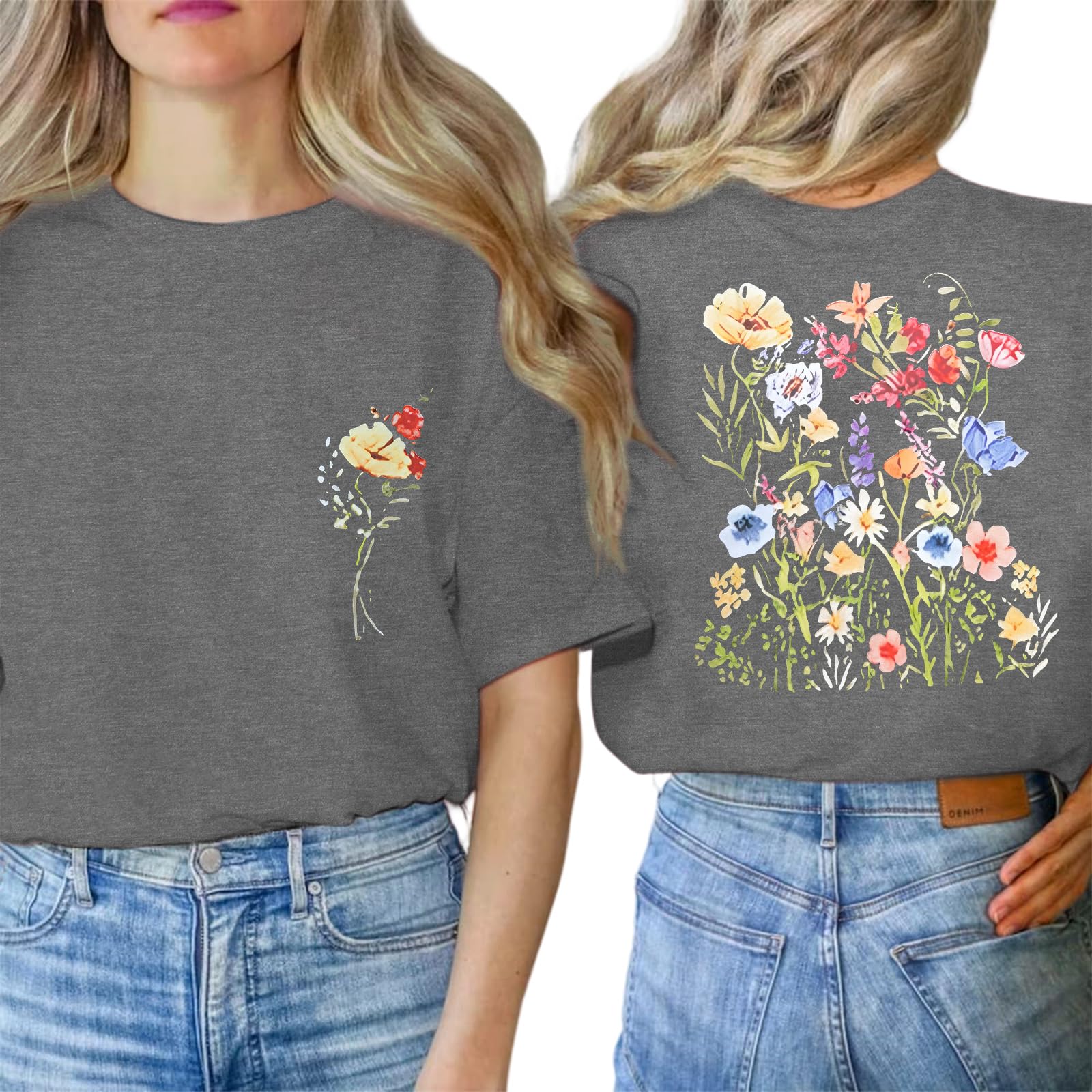 Anbech Women's Boho Wildflowers Print Short Sleeve T-Shirt - Loose Fit Botanical Graphic Tee for Casual Wear & Summer Outfits
