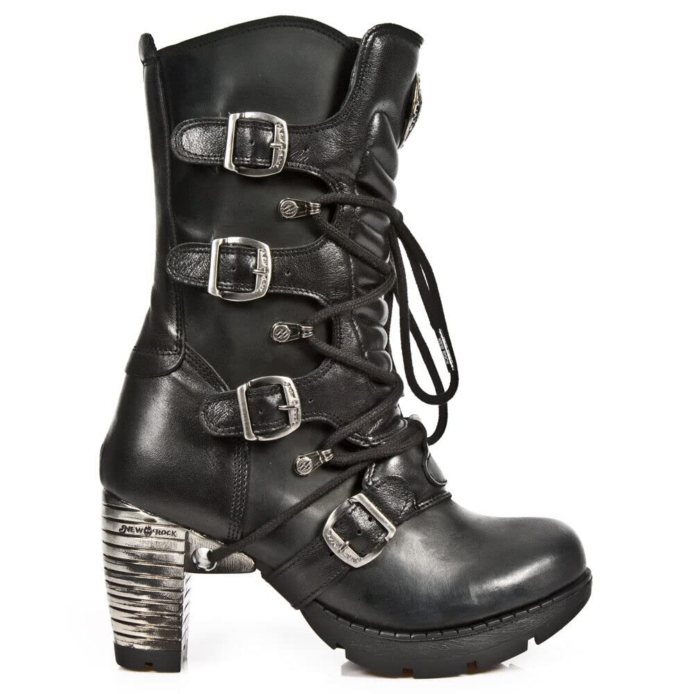 New Rock Boots TR003-S1 - Women's Metallic Black Leather Biker Boots with Heel - Gothic Punk Ankle Boots for Motorcycle Riding, Concerts & Alternative Fashion