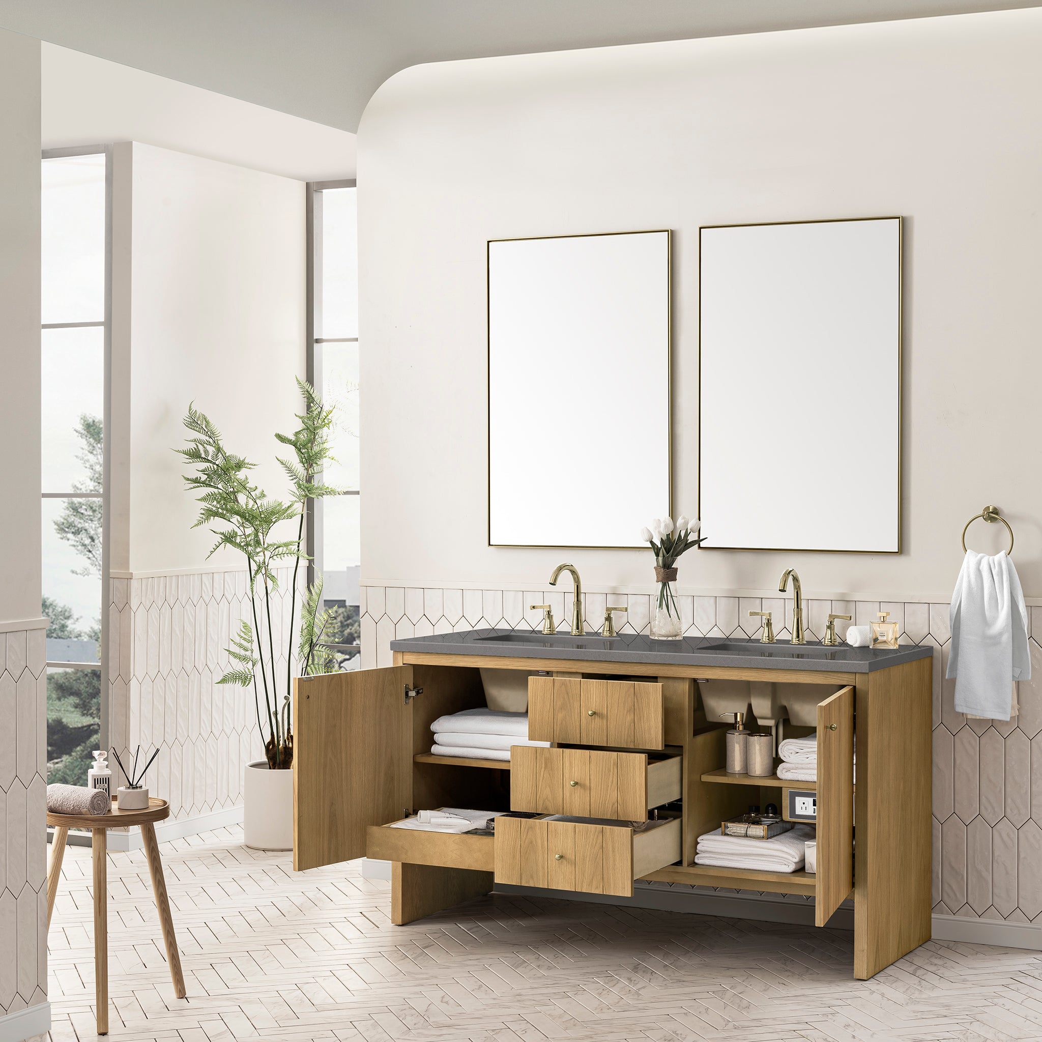 Hudson 60 Inch Double Bathroom Vanity with Light Natural Oak Finish & 3CM Grey Expo Top - Perfect for Master Bathroom Renovation and Modern Home Decor