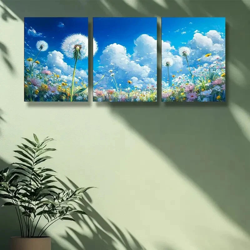 3-Piece White Dandelion Metal Wall Art Prints - Ready to Hang Home Decor for Living Room, Bedroom & Office