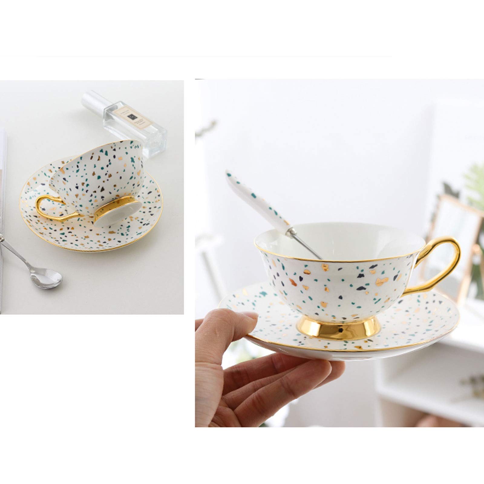 Premium 7.8 Oz Ceramic Coffee Mug Set with Saucers & Spoon - 6-Piece Colorful Spot Design Espresso Cups with Metal Organizer Rack - Perfect for Home, Office & Cafe Use