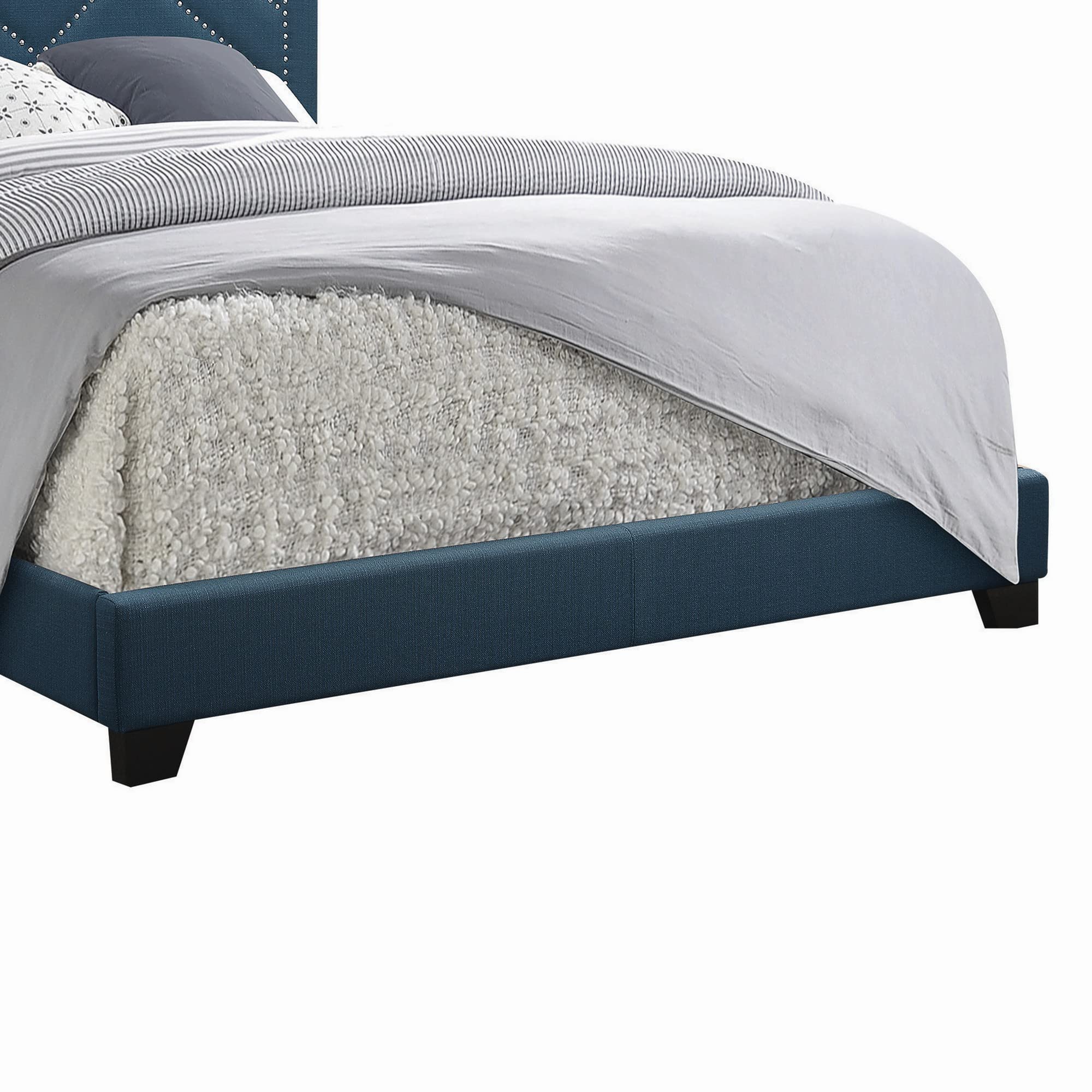 Benjara Fabric Upholstered Queen Size Bed with Block Legs - Blue & Brown Upholstered Bed Frame for Master Bedroom or Guest Room