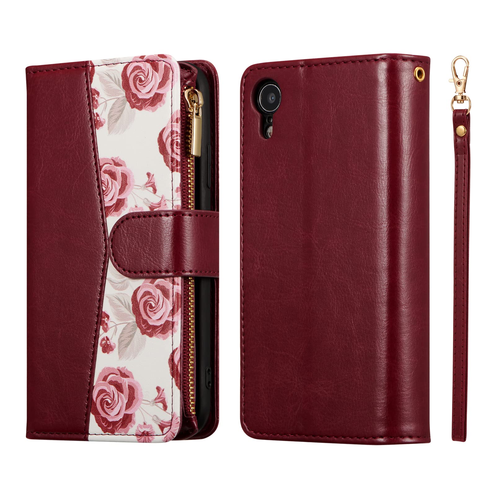 Premium PU Leather Wallet Case for iPhone XR with Magnetic Closure - Rose Design Card Holder & Zipper Pocket (Wine Red) | Perfect for Daily Use, Travel & Hands-Free Convenience