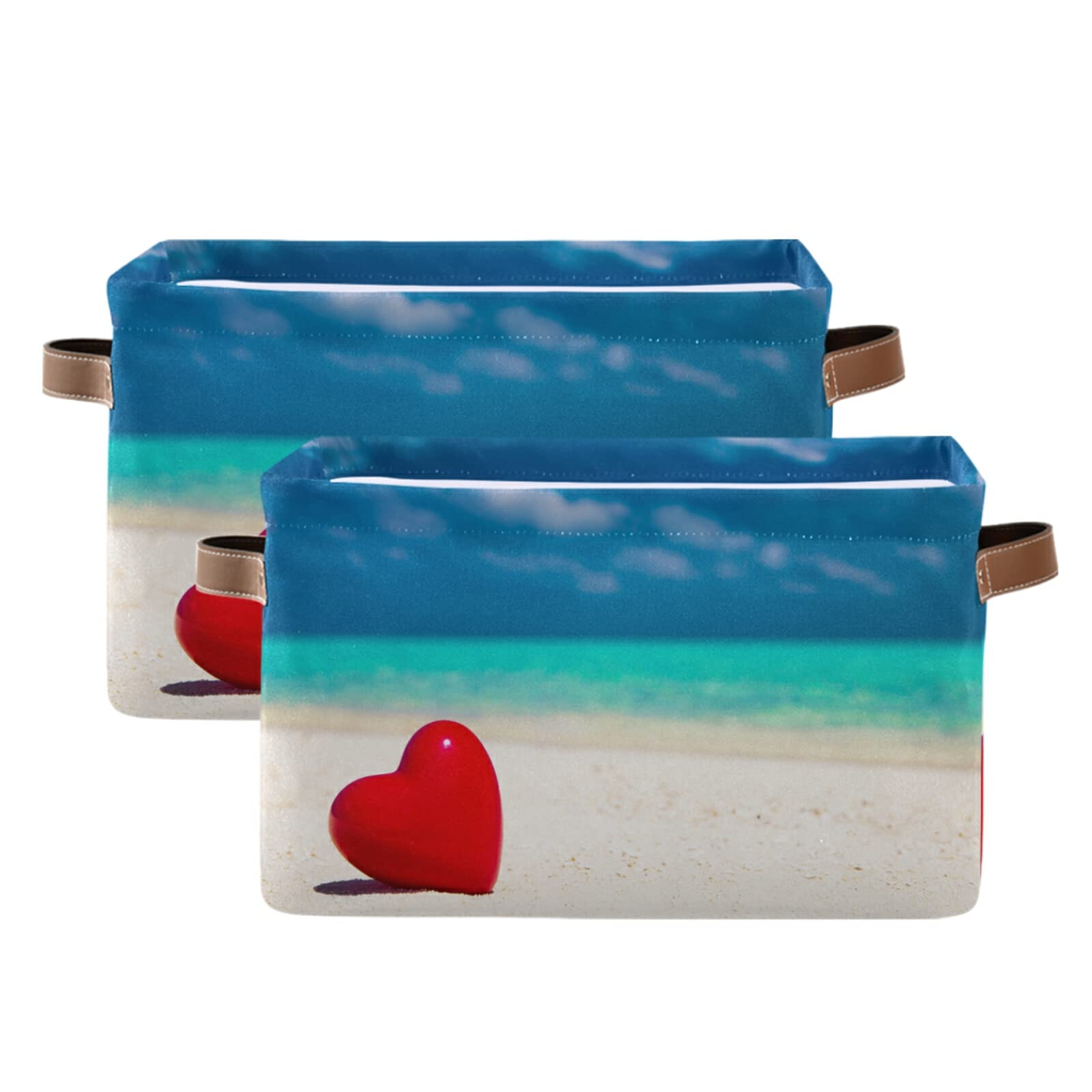 Valentine's Day Heart-Shaped Storage Baskets - 2 Pack Collapsible Decorative Bins with Handles for Nursery, Closet, Office & Home Organization | Beach Love Tropical Ocean Theme | Perfect for Gift Wrapping, Shelf Decor & Holiday Storage