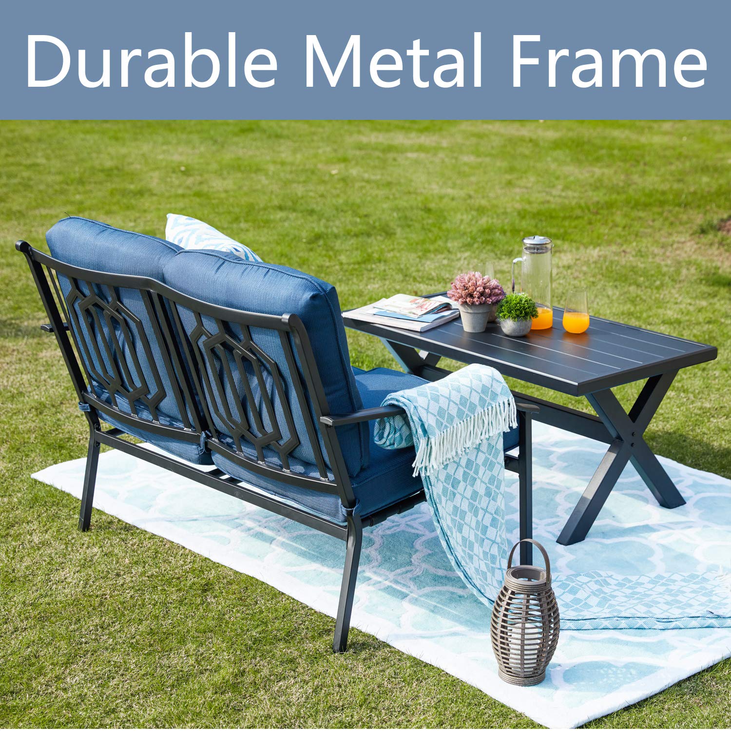**2-Piece Outdoor Loveseat Bench Set with Cushions - Patio, Garden, Yard & Poolside Conversation Furniture - Blue - Perfect for Relaxing, Entertaining & Outdoor Lounging**