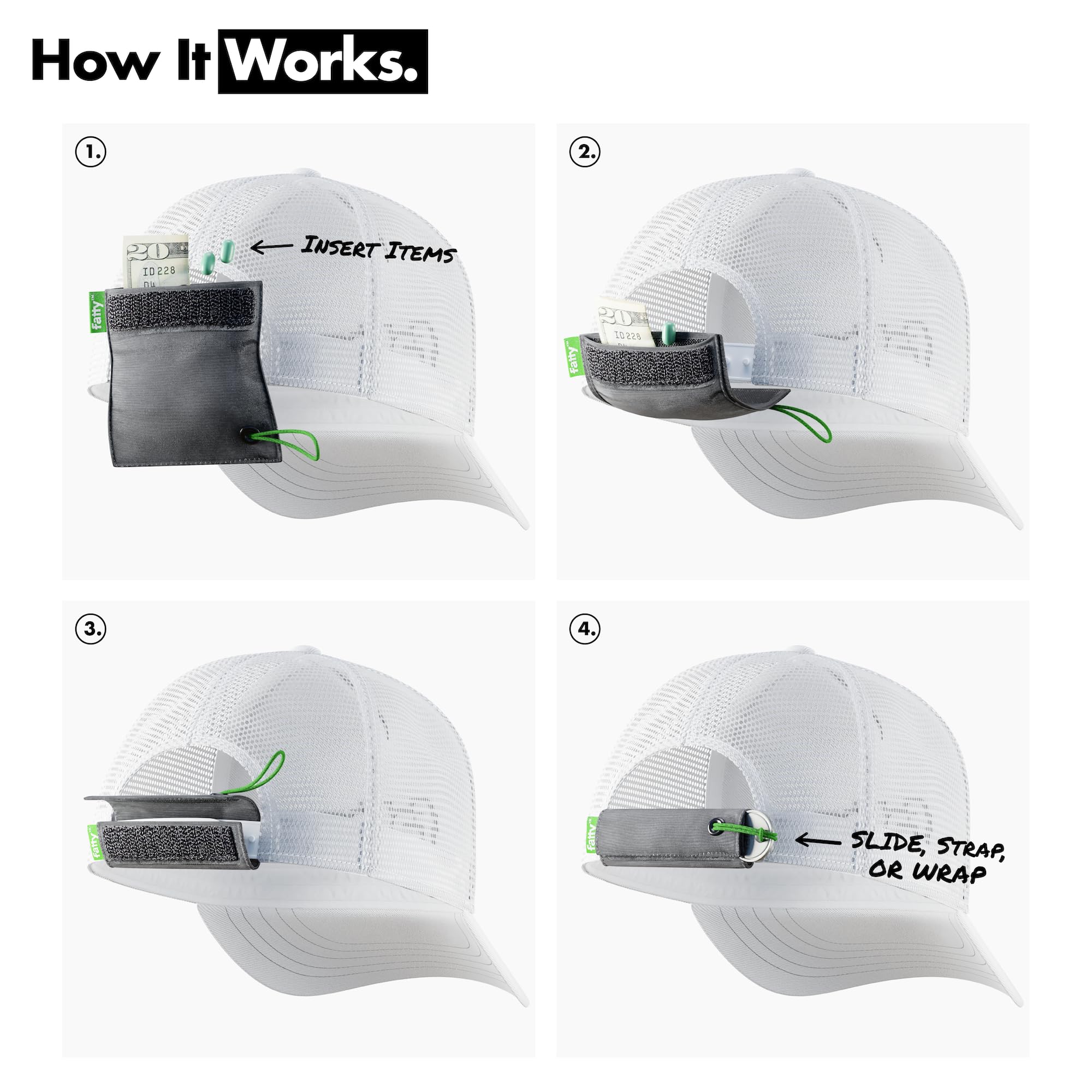 FattyPack - Detachable Hat Storage Pocket - Organize Cash, Medicine, Gum, Keys, Pens & Golf Accessories - Black/Green - Perfect for Golf, Hiking, Travel & Outdoor Activities