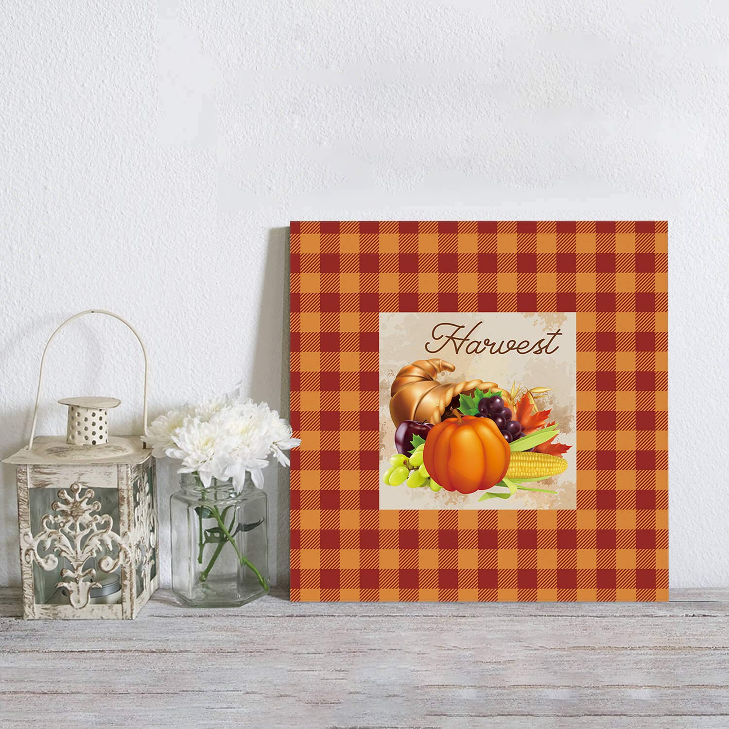 Thanksgiving Pumpkin Cornucopia Orange Buffalo Plaid Wall Art Canvas Prints - Stretched Framed Farmhouse Decor for Living Room, Bedroom, Kitchen | Harvest Season Oil Painting 28x28 Inch - Perfect for Autumn Home Decor & Holiday Gift Giving