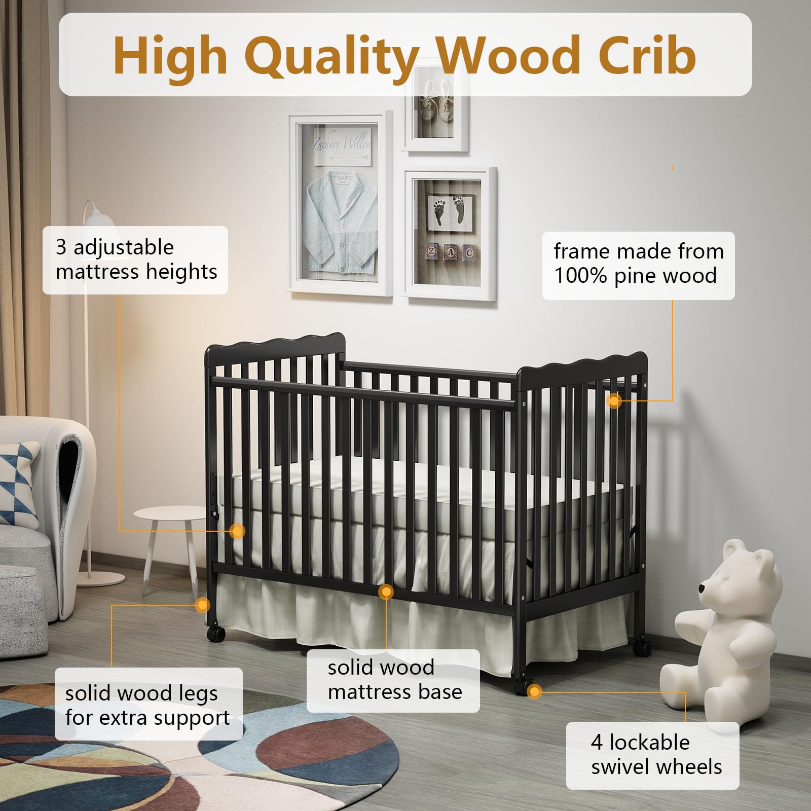 3-in-1 Convertible Baby Crib to Toddler Bed & Full Size Bed Frame - Safe & Adjustable Nursery Furniture for Newborns & Kids - Perfect for Small Spaces & Growing Families