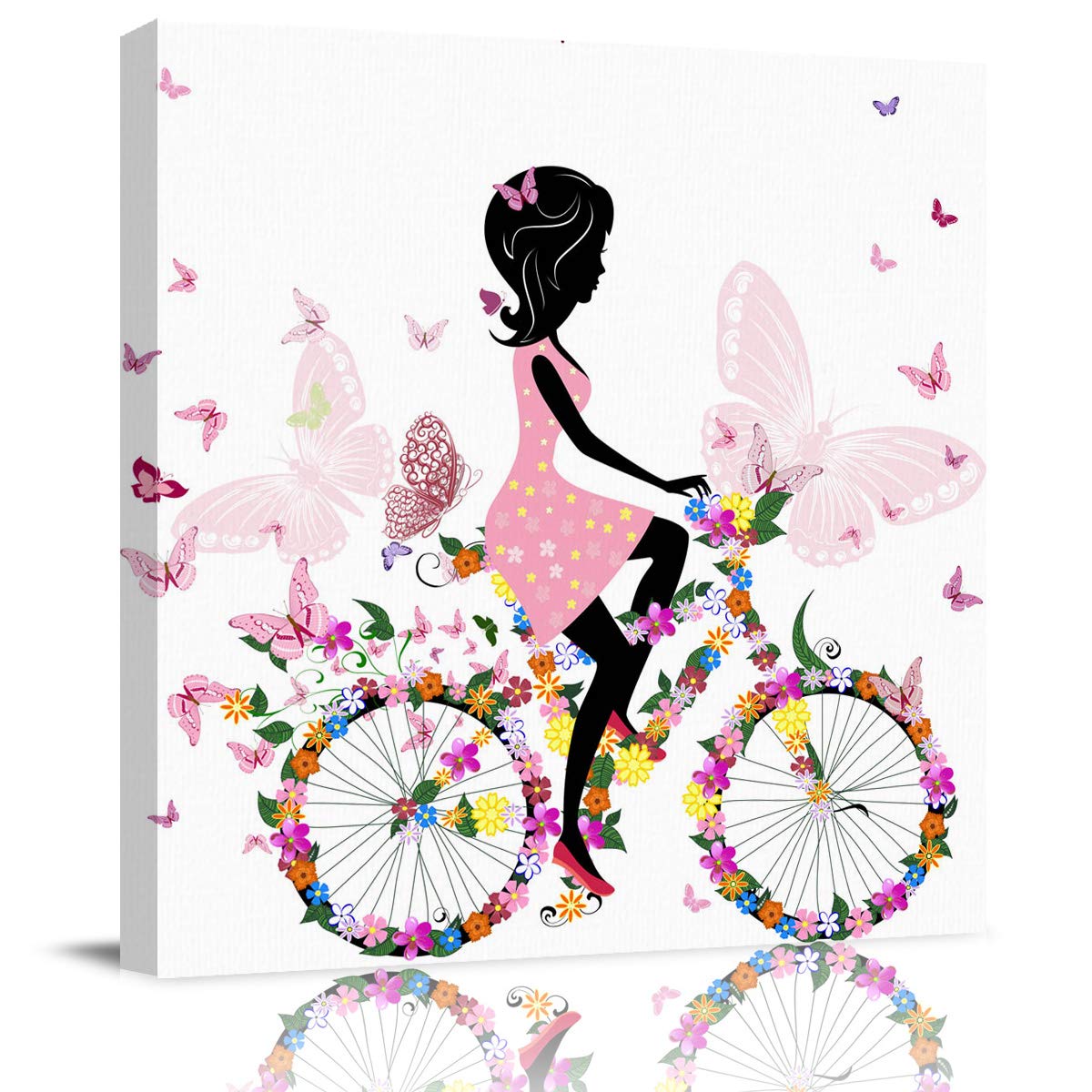 Butterfly Girl Riding Bike Wall Art - Colorful Floral Canvas Prints Framed Ready to Hang (28x28 Inch) - Perfect for Bathroom, Bedroom & Living Room Decor