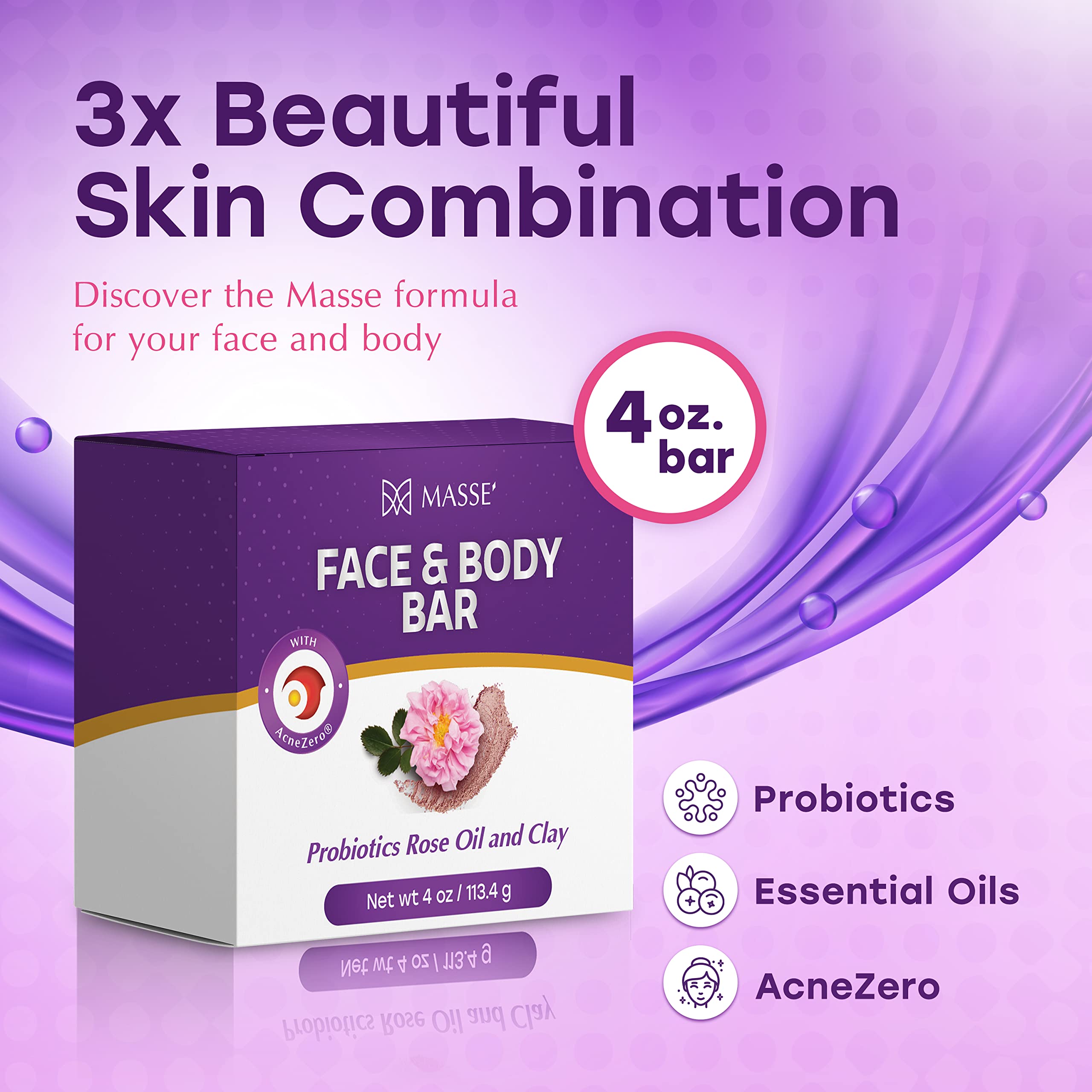 MASSE' Probiotic Face & Body Bar with Rose Oil & Clay - Infused with Coleus & Vitex Berry Extracts for Gentle Cleansing - Ideal for Men & Women - Perfect for Daily Skincare, Bathing & Sensitive Skin Care Routine