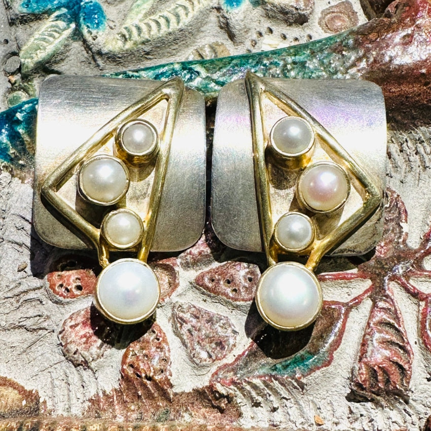 Vintage Artisan Sterling Silver Gold Plated Freshwater Pearl Pierced Earrings for Women - Elegant Dangle Drop Earrings for Wedding, Party & Special Occasions