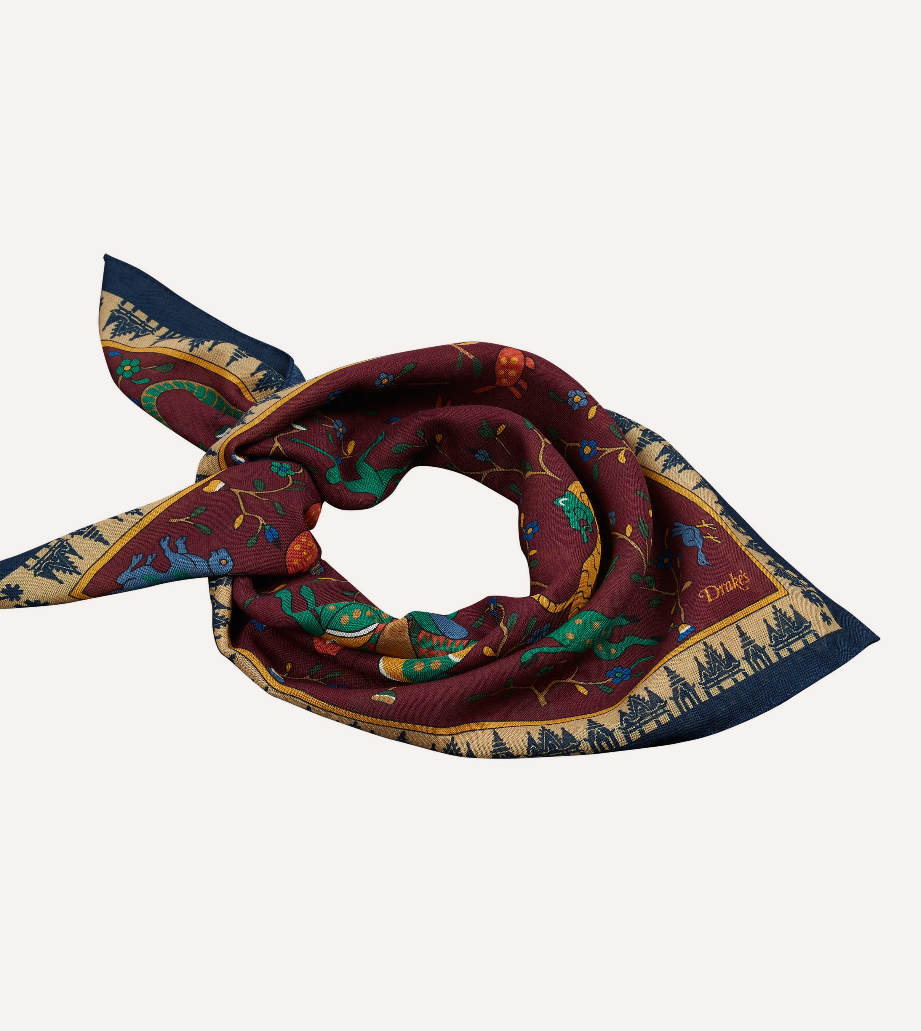 Stylish Red Mythical Animals Print Wool Silk Bandana Scarf - Fashionable Unisex Accessory for Outdoor Adventures, Travel, and Casual Wear