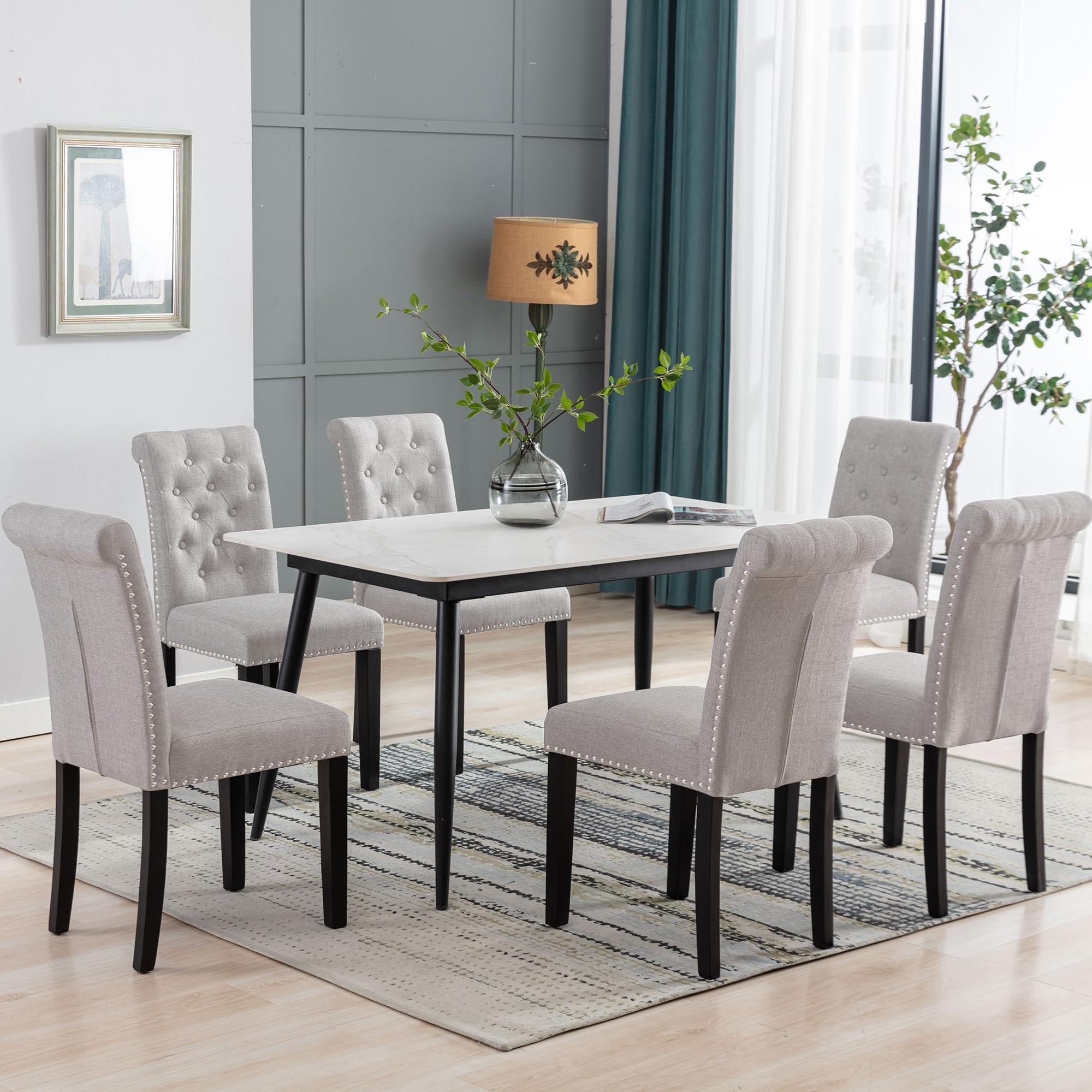 Westice 6-Piece Upholstered Fabric Dining Chair Set with Nailhead Trim & Rubber Wood Legs - Modern Kitchen & Dining Room Chairs for Small Spaces - Perfect for Apartments, Breakfast Nooks & Compact Dining Areas (Light Gray)