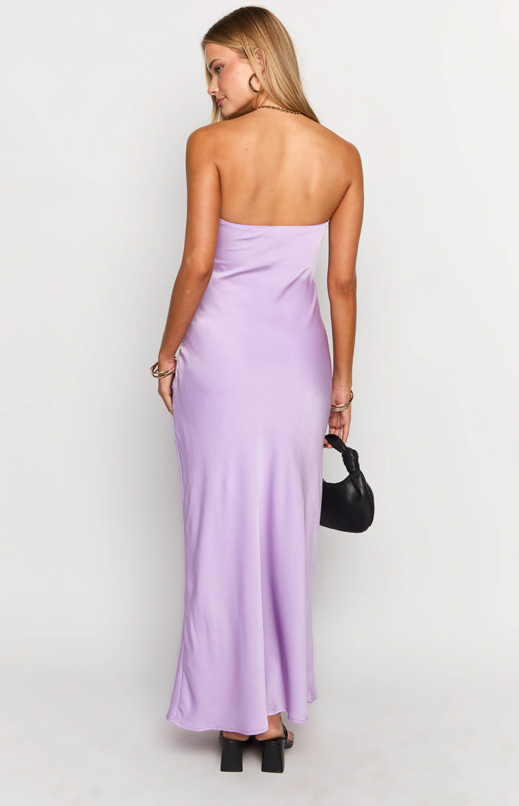Ariella Lilac Satin Strapless Maxi Dress for Women - Elegant Formal Evening Gown for Prom, Wedding, Cocktail Party