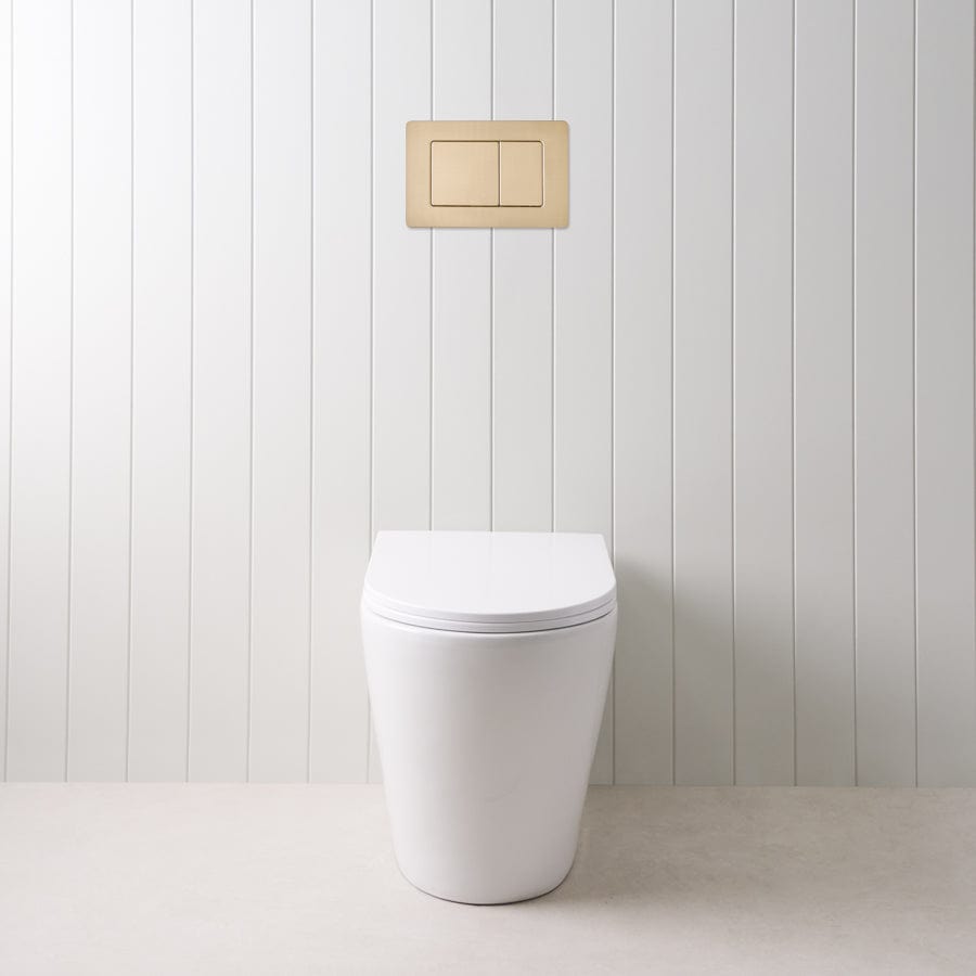 Angled In-Wall Toilet with Rectangle Warm Brushed Nickel Buttons - Modern Space-Saving Bathroom Solution for Small Spaces & Contemporary Homes