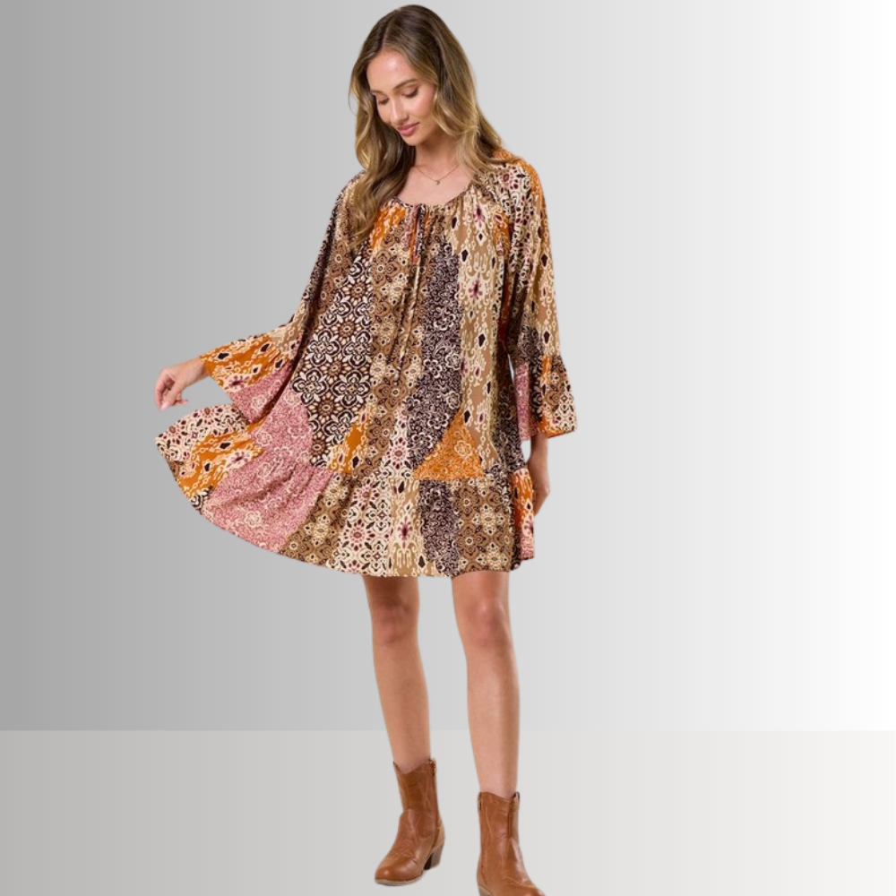 Brynn Boho Pattern Ruffled A-Line Dress for Women | Flowy Summer Maxi Dress with Bohemian Print | Perfect for Beach, Vacation & Casual Outings