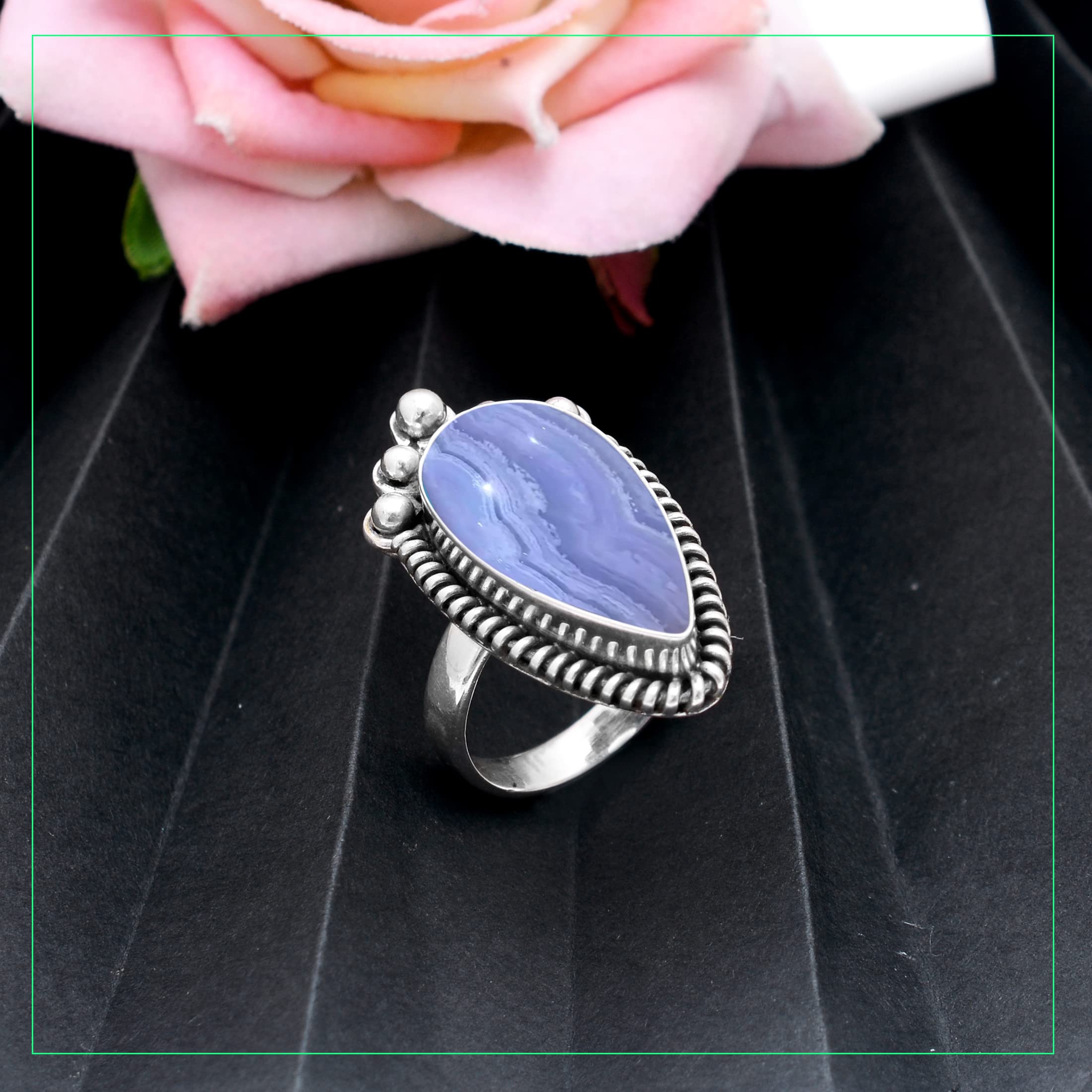 Veracity Jewelry Blue Lace Agate Ring for Women - 925 Sterling Silver Healing Meditation Ring with Natural Gemstone - Elegant Blue White Stone Jewelry Gift for Mom, Wife, Girlfriend - Perfect for Yoga, Spiritual Healing & Special Occasions