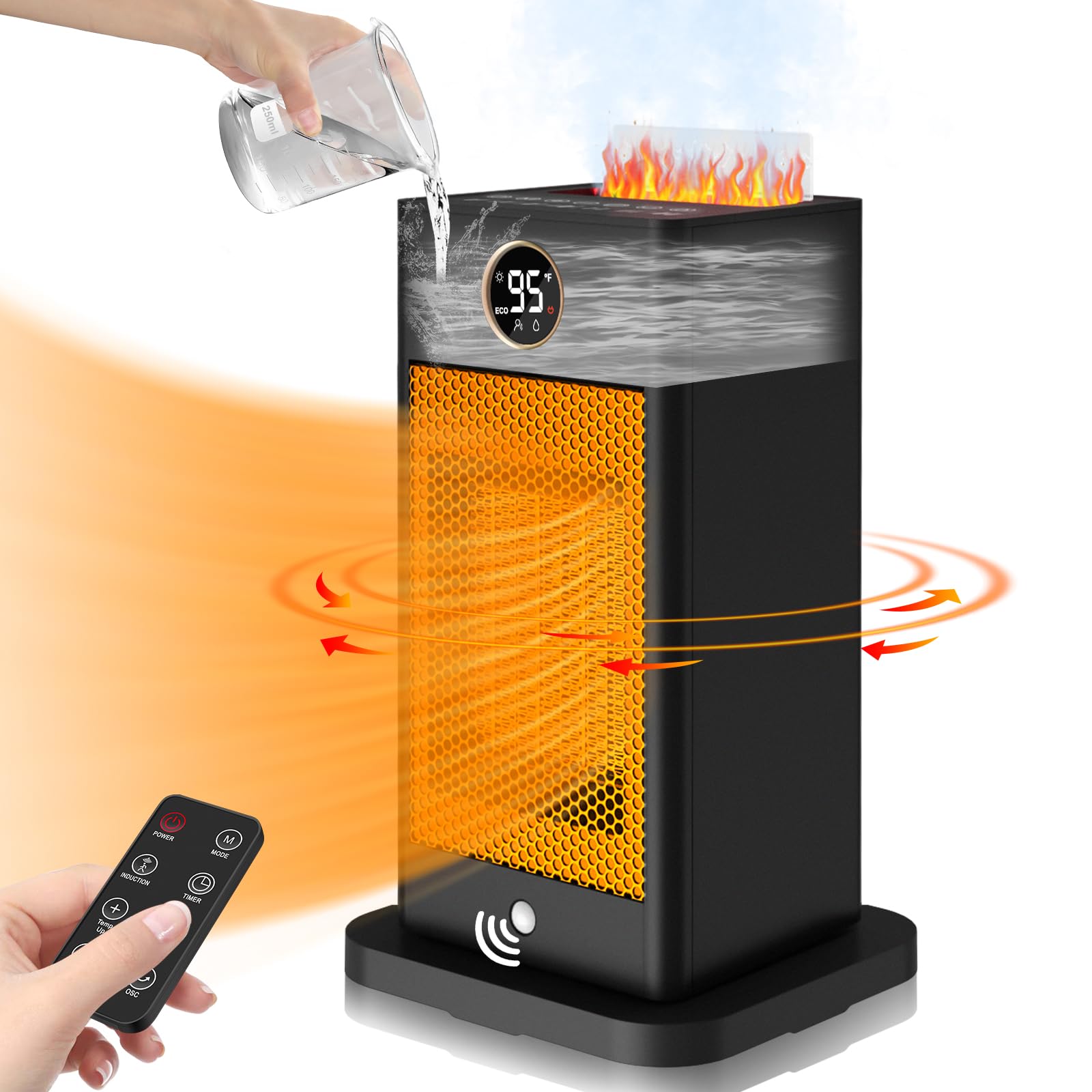 3-in-1 Space Heater with Humidifier & Motion Sensor - 1500W Fast Heating Electric Heater with 3D Flame Effect for Office, Bedroom, Home, Garage - Safe & Portable Indoor Heating Solution for Winter & Cold Weather Use