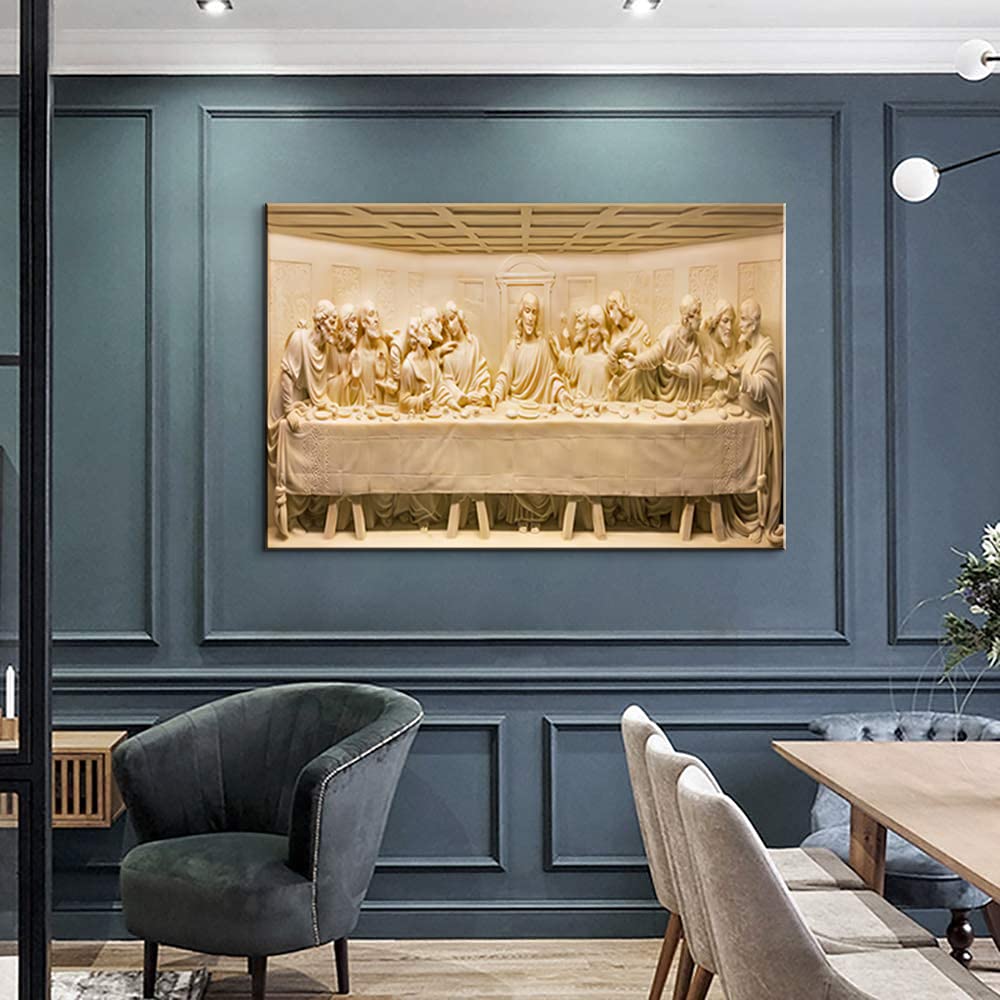 Modern Jesus Painting - The Last Supper Carved Stone Canvas Wall Art - Christian Religious Decor Framed Ready to Hang - Perfect for Dining Room, Church & Home Decor (28x40 Inches)