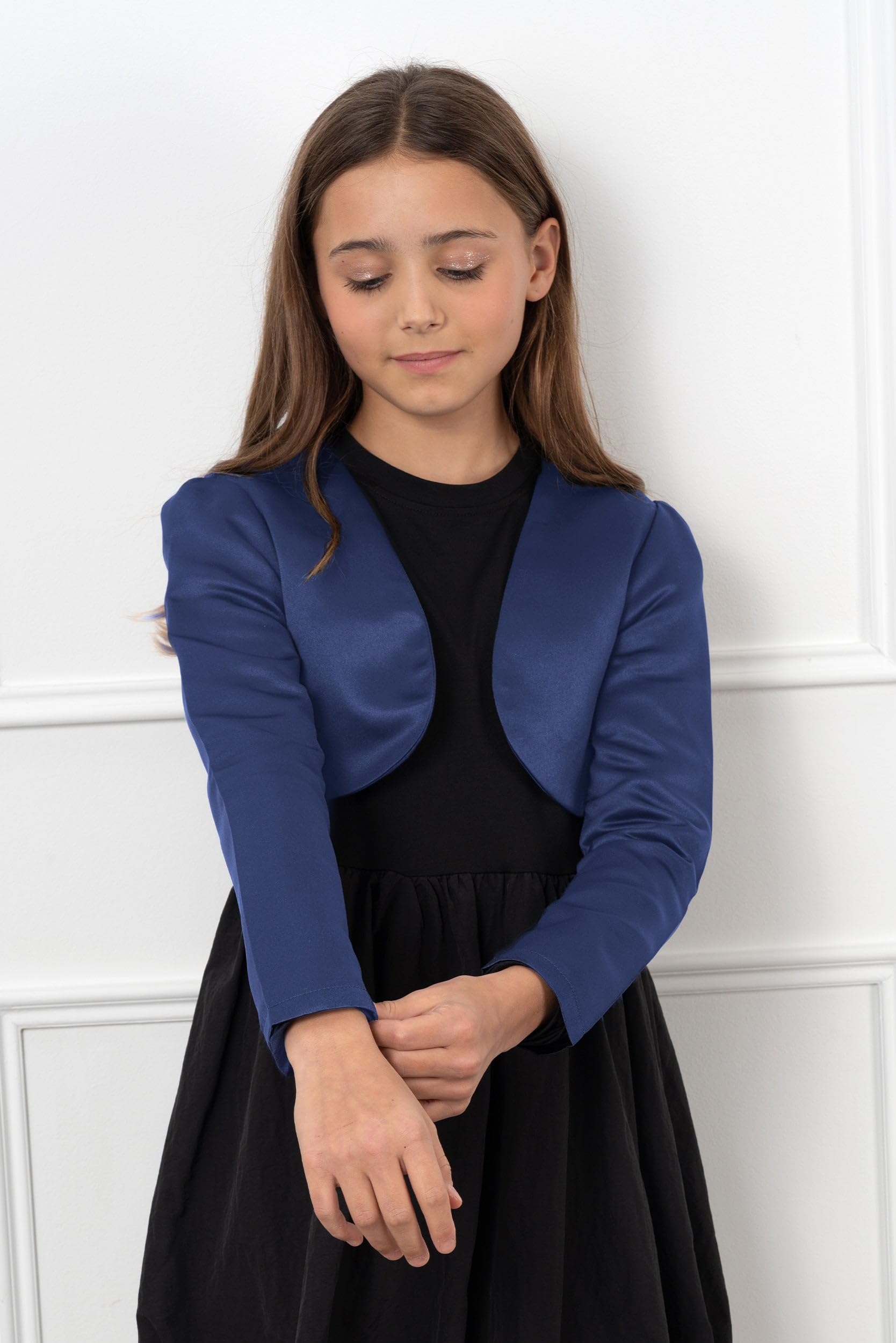 Black Butterfly Girls Satin Long Sleeve Bolero Shrug - Elegant Kids Formal Wear for Weddings, Parties & Special Occasions