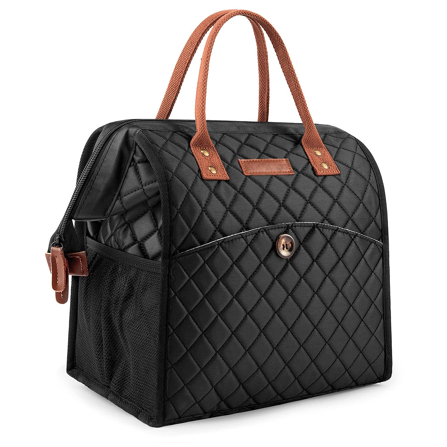 MAVL Insulated Leakproof Lunch Bag for Women - Reusable Cooler Tote for Work, Picnic, Beach, Boating & Fishing - Medium Black Lunch Box with Purse Handle