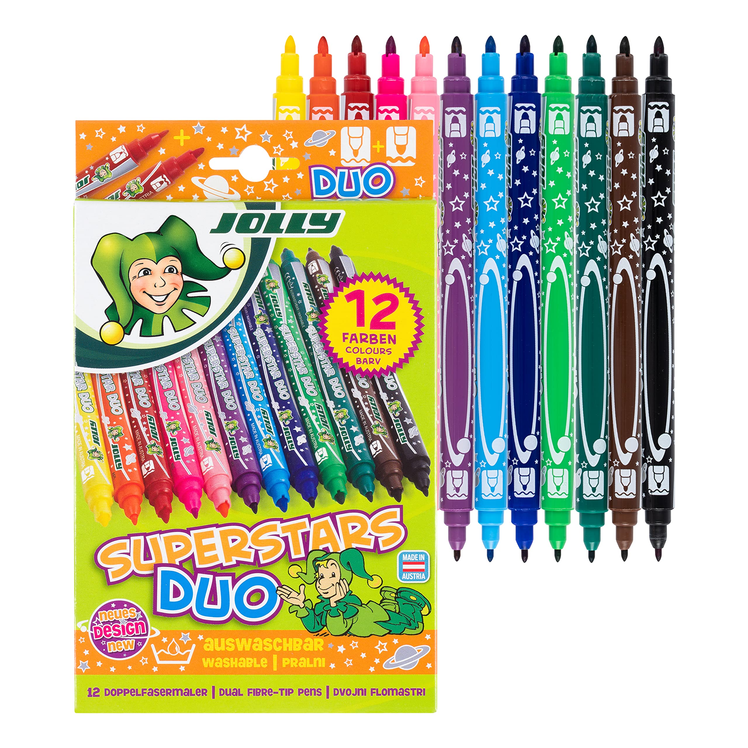 Superstar Duo Felt Tip Pens - 12 Pack Assorted Colors for Journaling, Note Taking & Art Projects | Fine Point Marker Pens for Bullet Journal, Coloring Books & Office Use