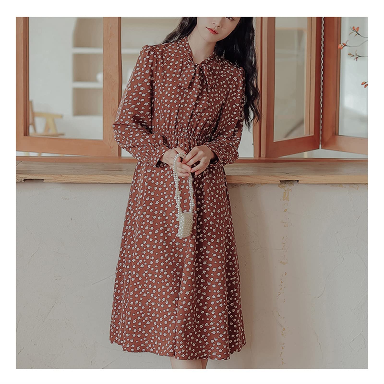 XTE Women's Floral Print Elastic Waist Tie Front A-Line Midi Dress - Vintage Summer Casual Long Sleeve Swing Sundress (Brown, Size 2) | Perfect for Beach Outings, Date Nights & Boho Fashion
