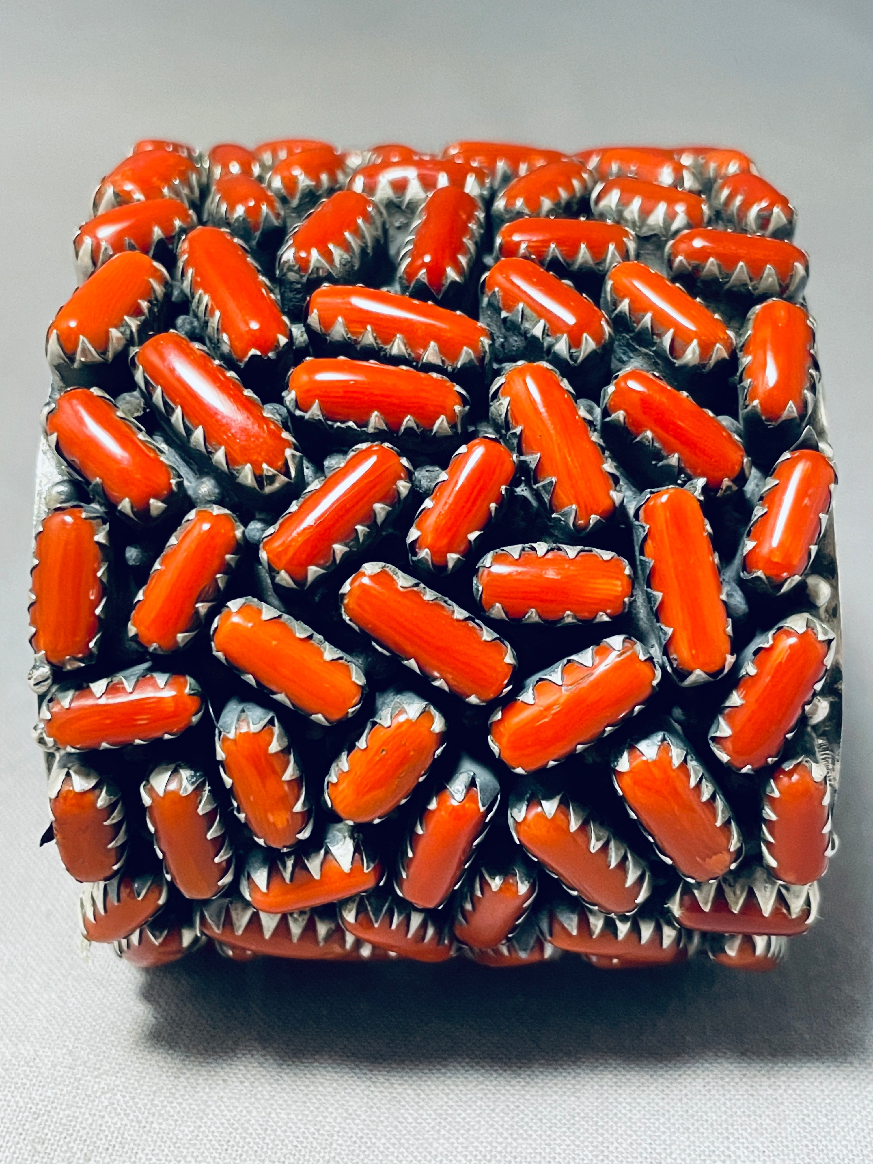 154 Gram Chunky Coral Native American Navajo Sterling Silver Wide Bracelet Cuff - Handmade Southwest Jewelry for Women, Boho Fashion Accessory, Perfect for Festivals & Special Occasions