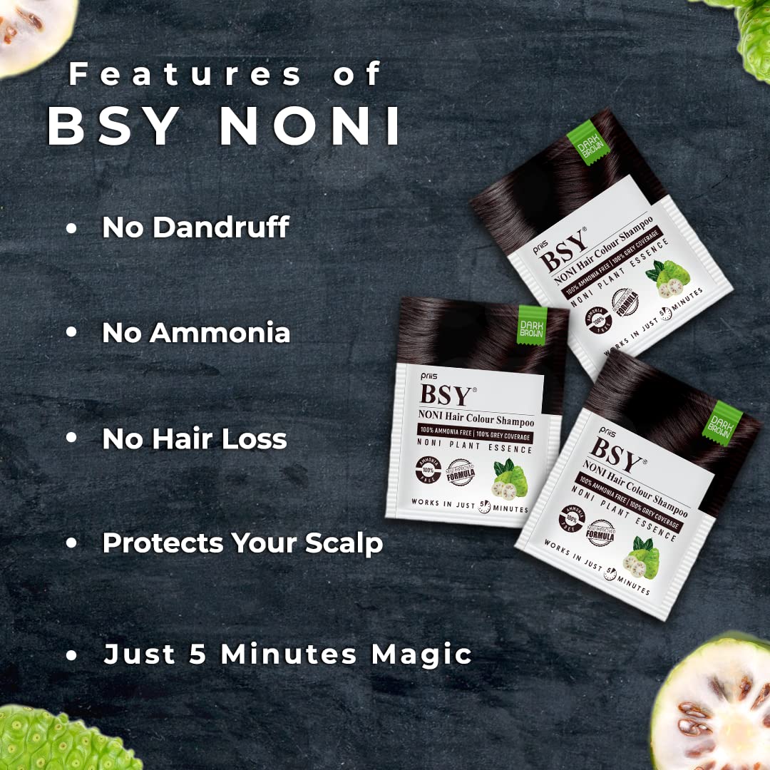BSY Noni Dark Brown Hair Color Shampoo (20ml x 6 Pack) | Ammonia-Free Permanent Hair Dye for Men & Women | Natural Noni Fruit Extract | Quick 5-Minute Coloring | Perfect for Home Use, Travel & Touch-Ups