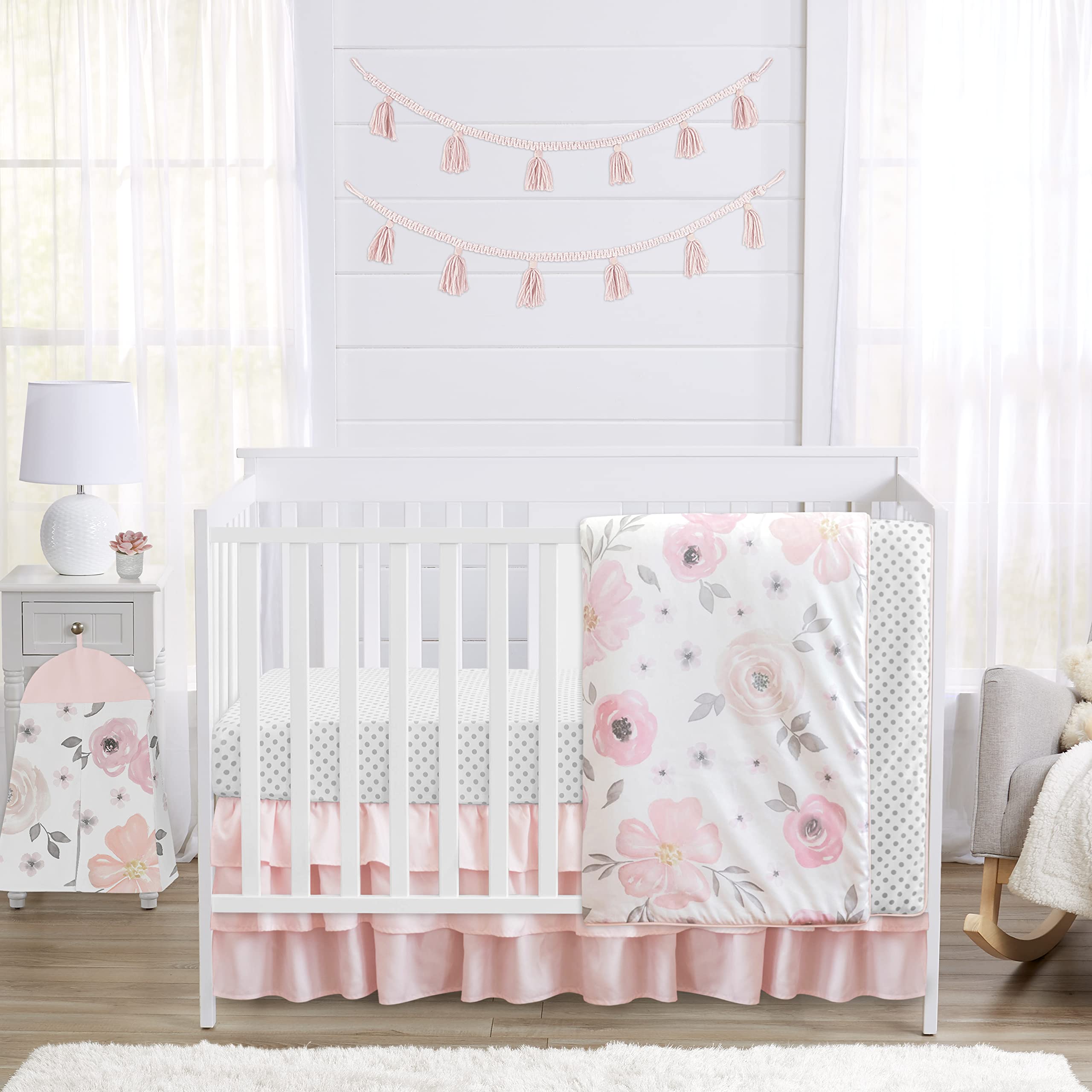 Sweet Jojo Designs 4-Piece Baby Crib Bedding Set - Pink & Gray Boho Floral Nursery Set for Girls, Includes Soft Blanket, Fitted Crib Sheet, Crib Skirt & Diaper Stacker (Watercolor Floral, Elegant Rose, Polka Dot & Blush Gray) - Perfect for Newborn Nursery, Baby Shower Gift & Cozy Infant Bedroom Decor